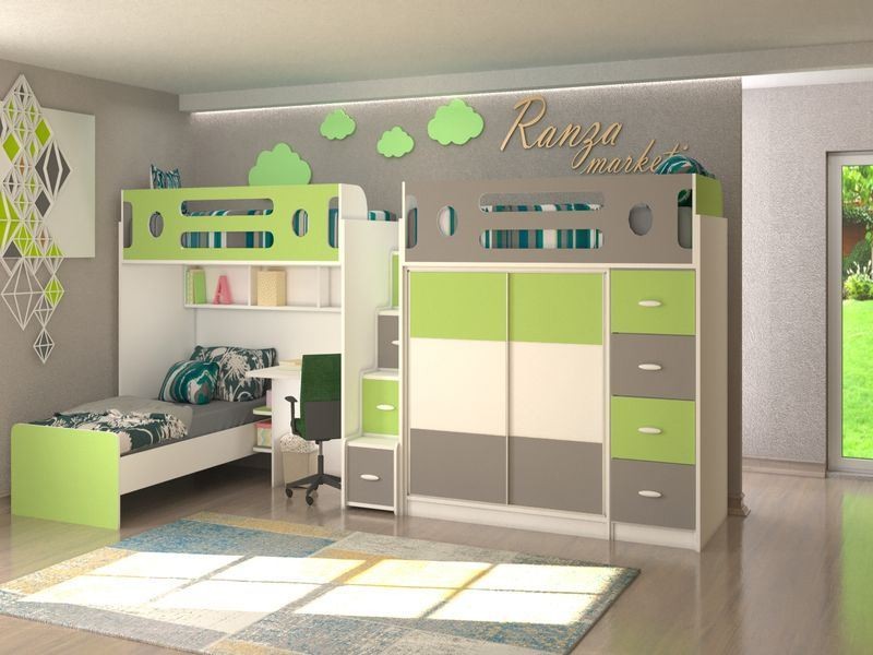 Ranza 109  Büyük Ranza Çekmeceli Dolaplı Çalışma Masalı Yaşam Alanlı Merdivenli Ranza