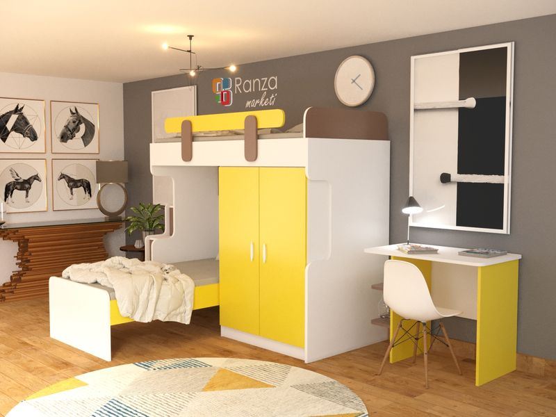 Ranza 092  Dolaplı Yandan Merdivenli Çekmeceli Raflı Çalışma Masalı Ranza