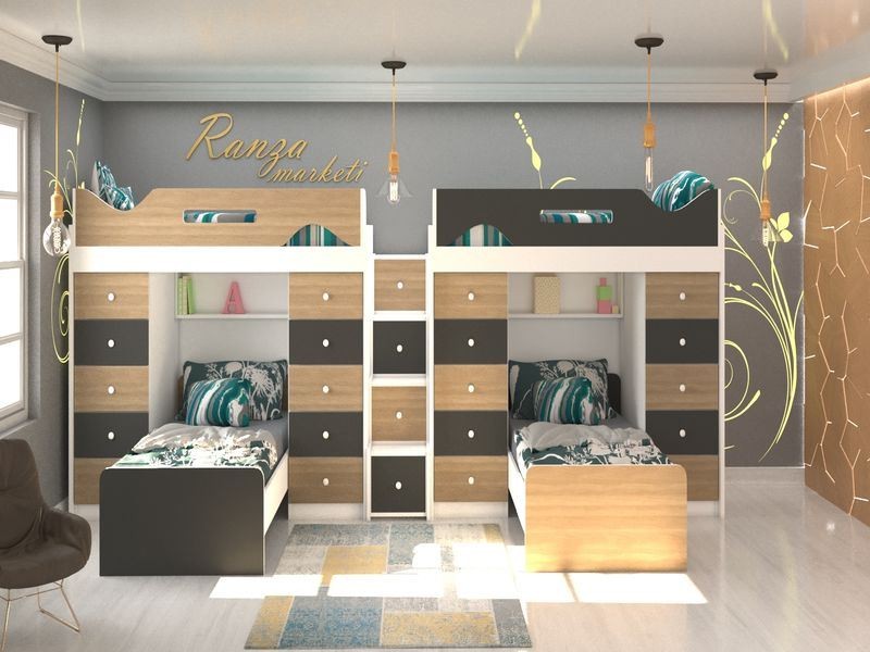 Ranza 114 Çocuklar Ve Gençler İçin Özel Hazırlanmış 4 Yataklı Çekmecekli Dolaplı Ranza