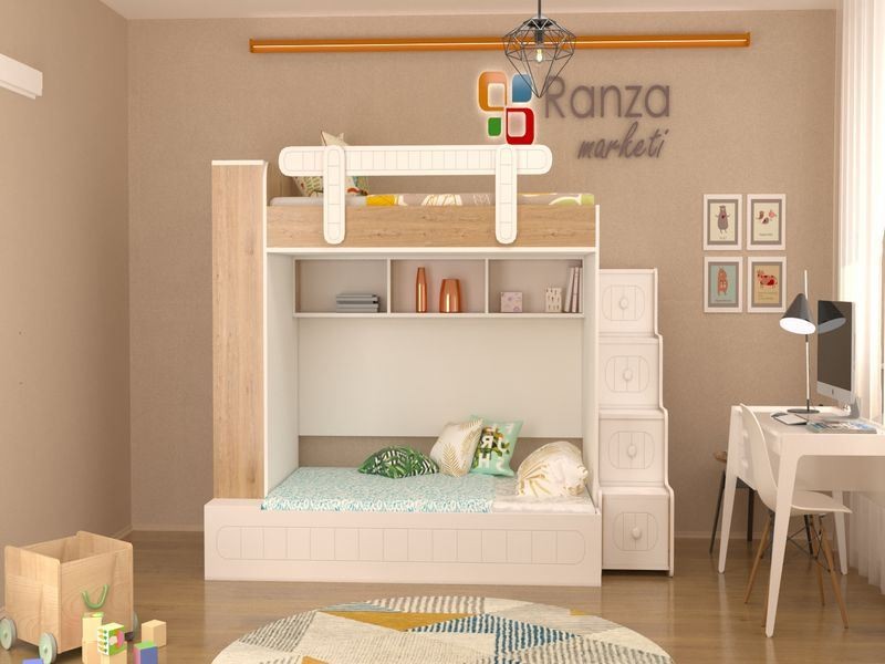 Ranza 346 Raflı Altı Geniş Dolaplı Ve Merdiven Çekmeceli İki Kişilik Ranza Modeli