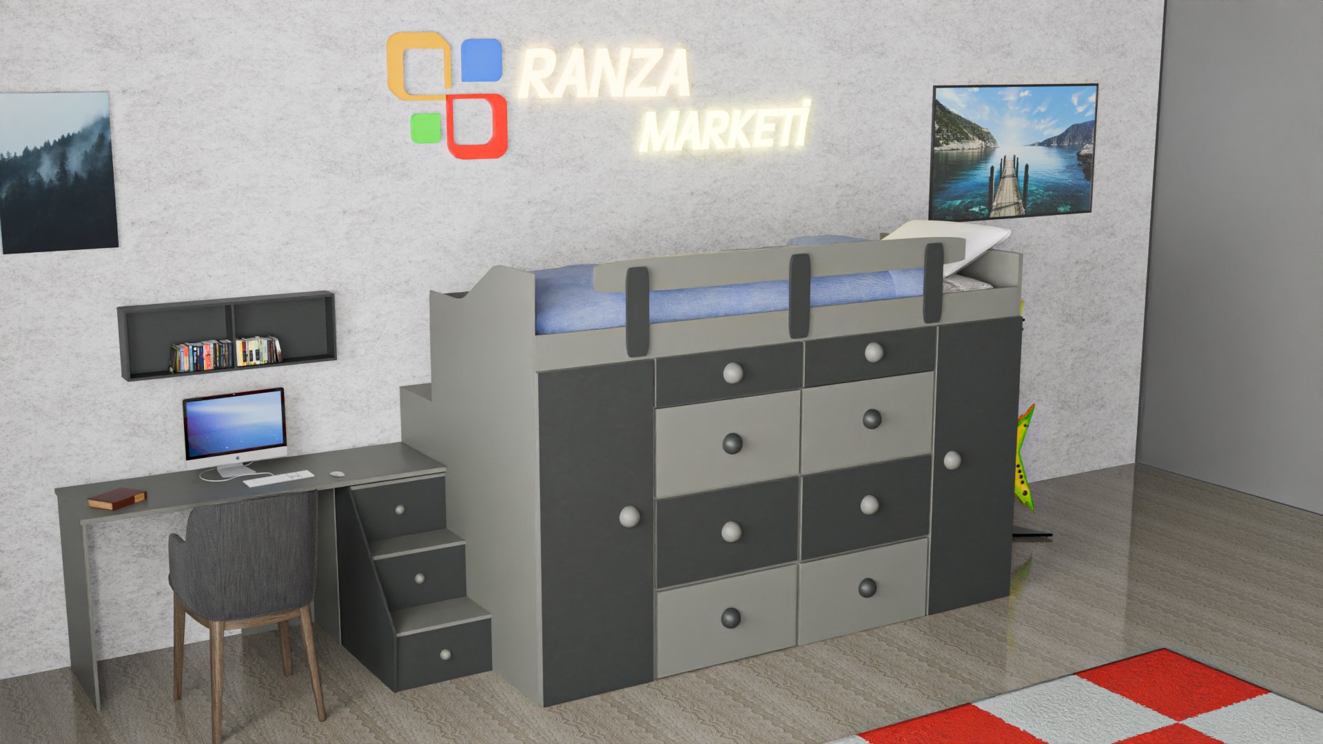 Ranza 406 Tek Kişilik Altı Çekmeceli Dolaplı Çalışma Masalı Ranza Modeli