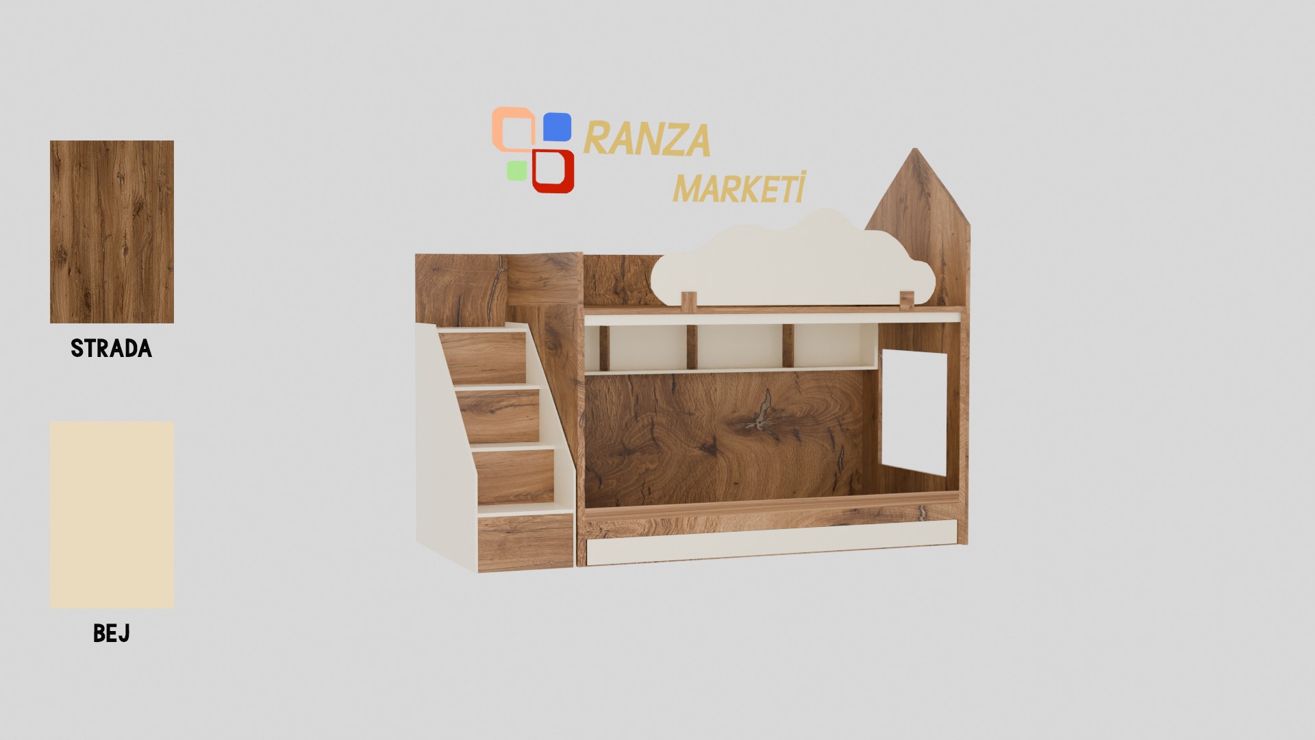 Ranza 450 Üç Kişilik Yavrulu Çekmeceli Bulut Korkuluklu Yandan Merdivenli Evli Ranza 