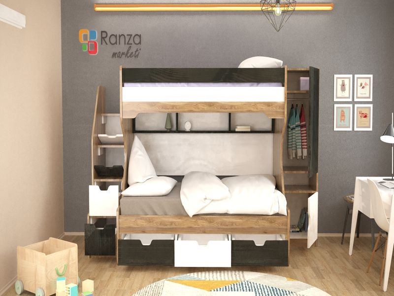 Ranza 110 Yandan Dolaplı Alt Yatak Büyük Altı Çekmeceli 2 Kişilik Ranza