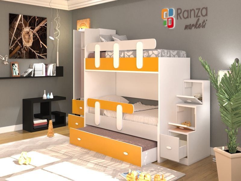 Ranza 018 Çocuk Ranzası Alçak Model Dolaplı Merdivenli Ranza 