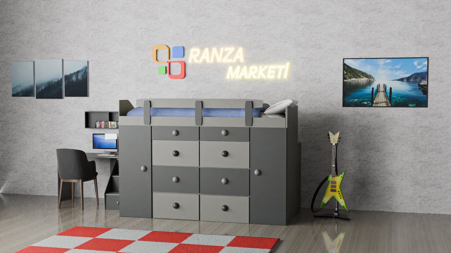 Ranza 406 Tek Kişilik Altı Çekmeceli Dolaplı Çalışma Masalı Ranza Modeli
