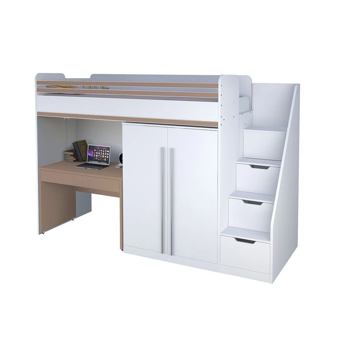 Ranza 623 Tek Kişilik Yandan Merdivenli Çalışma Masalı Gardolaplı Ranza Modeli 