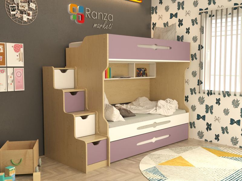 Ranza 084 Yandan Çekmeceli Merdivenli Yavrulu Ve Raflı Ranza