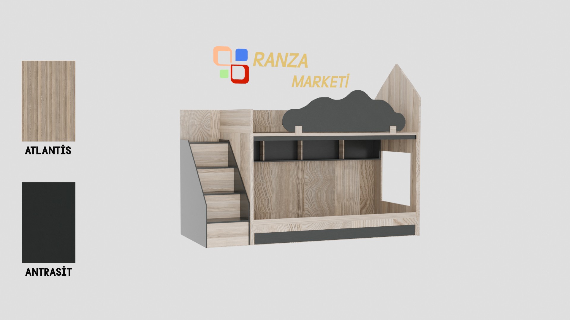 Ranza 450 Üç Kişilik Yavrulu Çekmeceli Bulut Korkuluklu Yandan Merdivenli Evli Ranza 