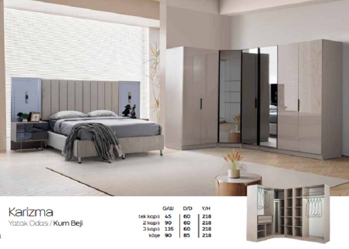 Karizma Mdf Cam Kapaklı Köşeli Yatak Odası Takımı