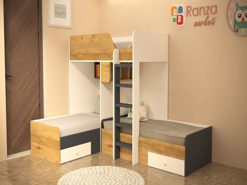 Ranza 176 L Ranza Altı Çekmeceli Önden Merdivenli Kitaplıklı Ranza