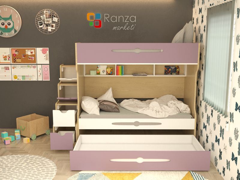 Ranza 084 Yandan Çekmeceli Merdivenli Yavrulu Ve Raflı Ranza