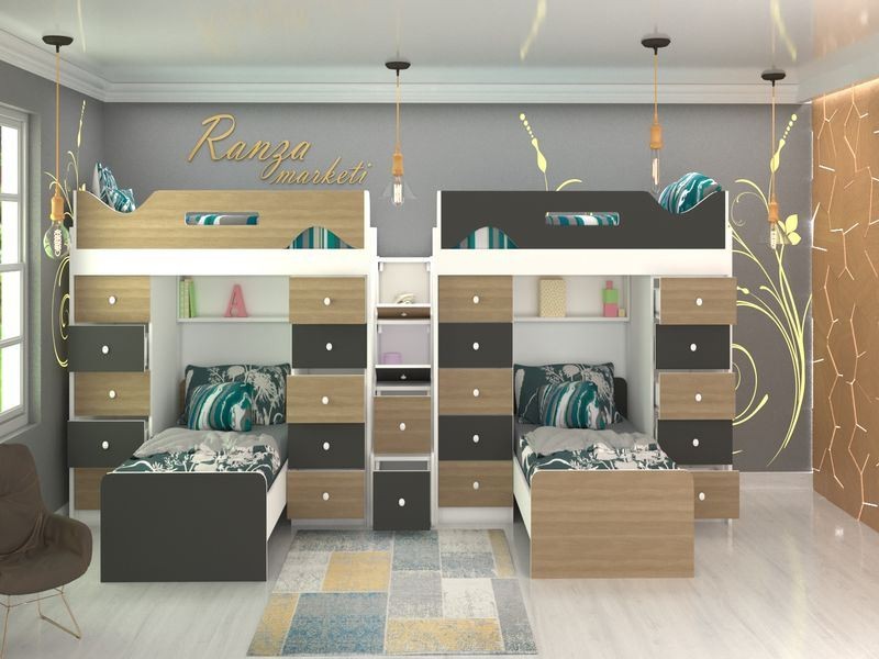 Ranza 114 Çocuklar Ve Gençler İçin Özel Hazırlanmış 4 Yataklı Çekmecekli Dolaplı Ranza