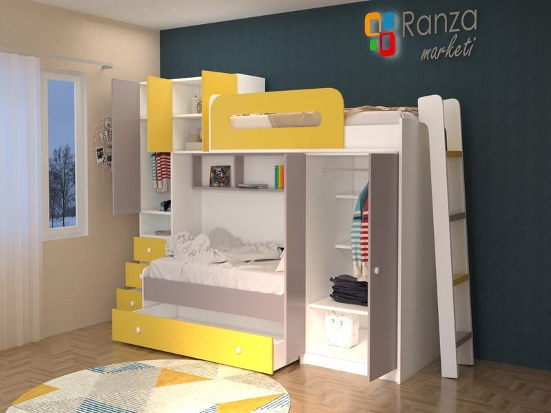 Ranza 066 Sarı Gri Bol Dolaplı Çekmeceli Önden Merdivenli Çekmeceli Ranza