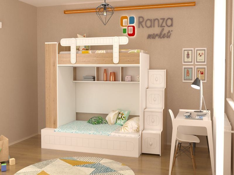 Ranza 346 Raflı Altı Geniş Dolaplı Ve Merdiven Çekmeceli İki Kişilik Ranza Modeli