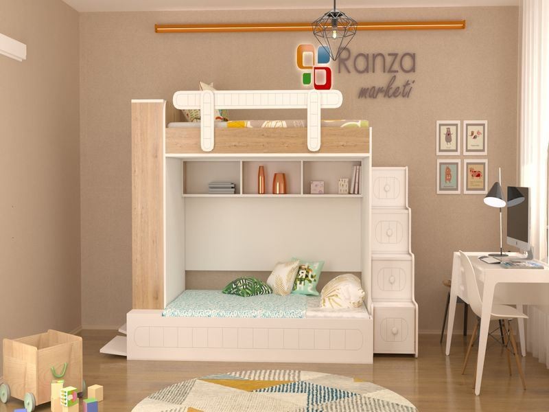 Ranza 346 Raflı Altı Geniş Dolaplı Ve Merdiven Çekmeceli İki Kişilik Ranza Modeli