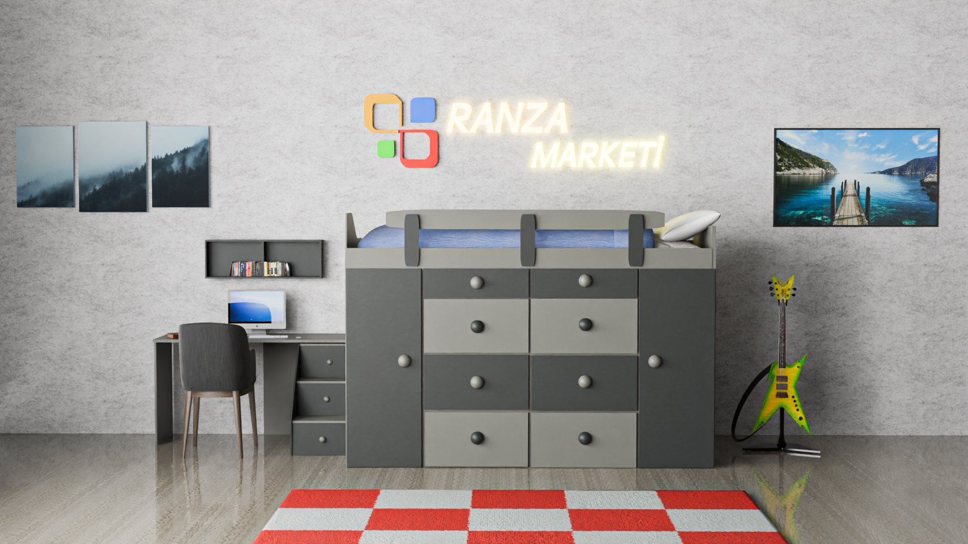 Ranza 406 Tek Kişilik Altı Çekmeceli Dolaplı Çalışma Masalı Ranza Modeli