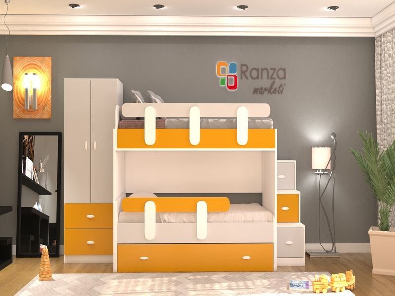 Ranza 018 Çocuk Ranzası Alçak Model Dolaplı Merdivenli Ranza 