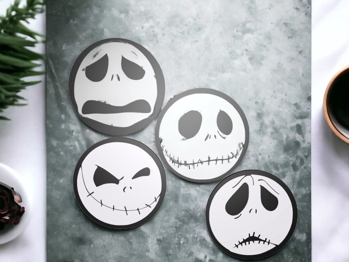 4 Lü Set İskelet Jack Skellington Kaymaz Tabanlı Bardak Altlığı (8,7 cm)