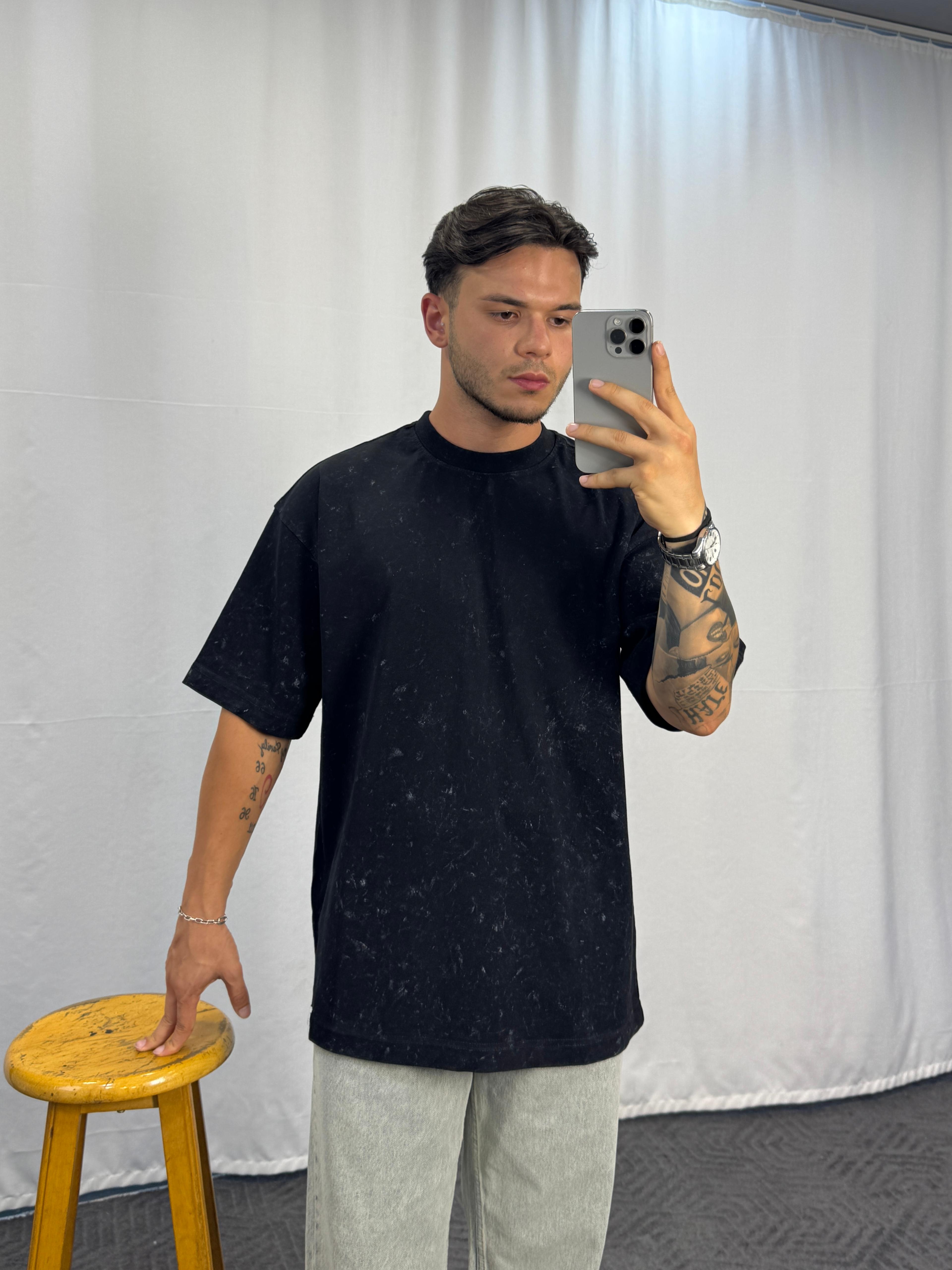 Yıkamalı Double Face Kumaş Oversize T-Shirt - Siyah