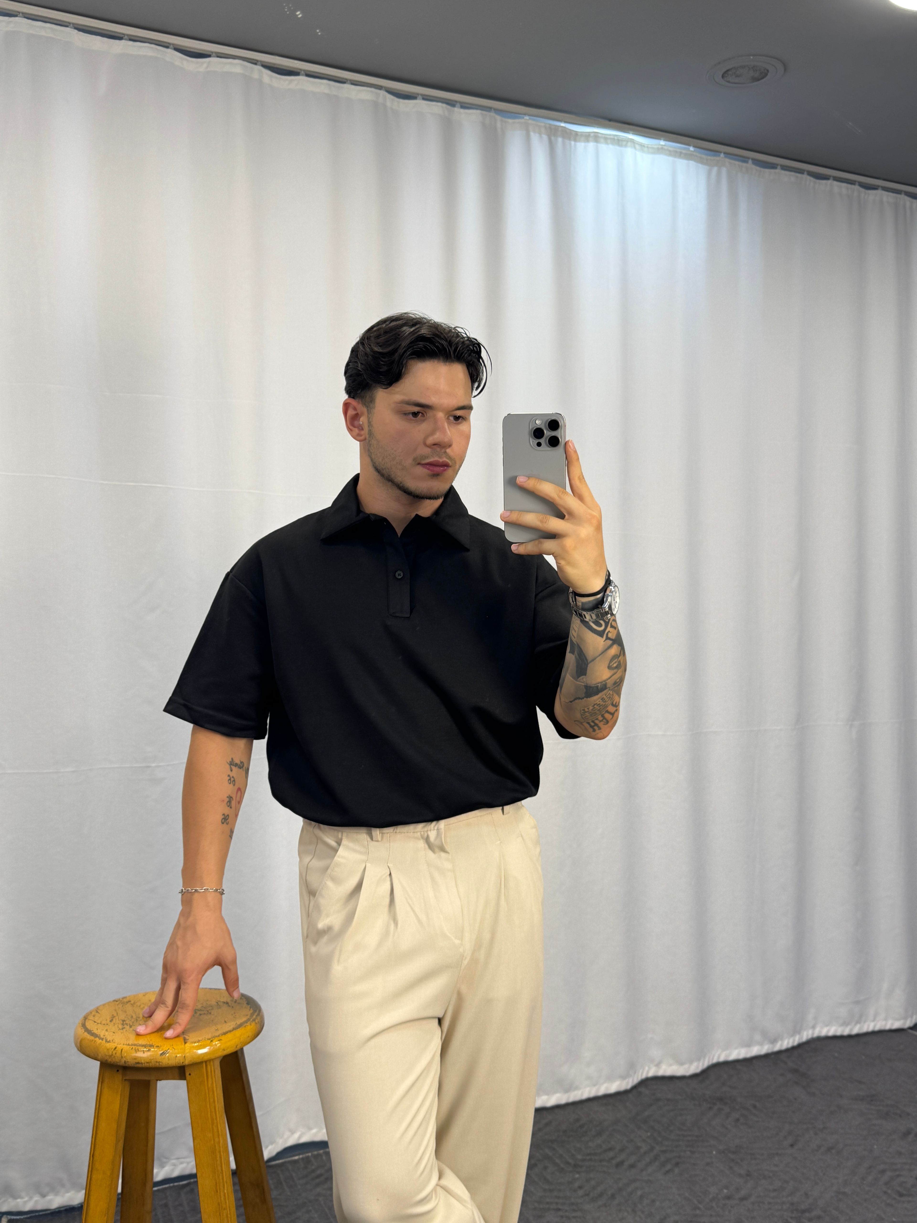 Düğmeli Oversize Polo Yaka