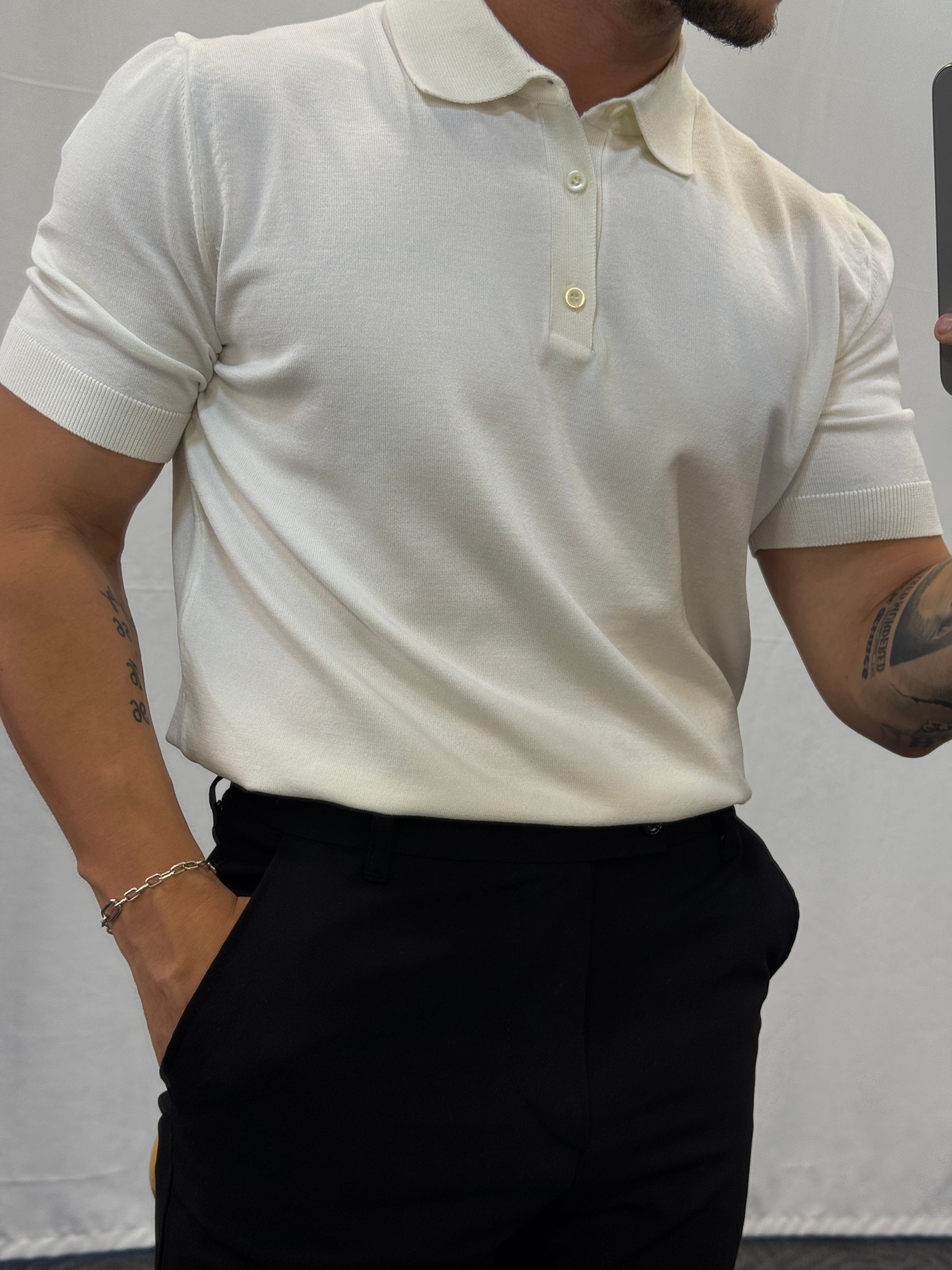 Düğmeli Pamuk Polo Yaka - BEYAZ