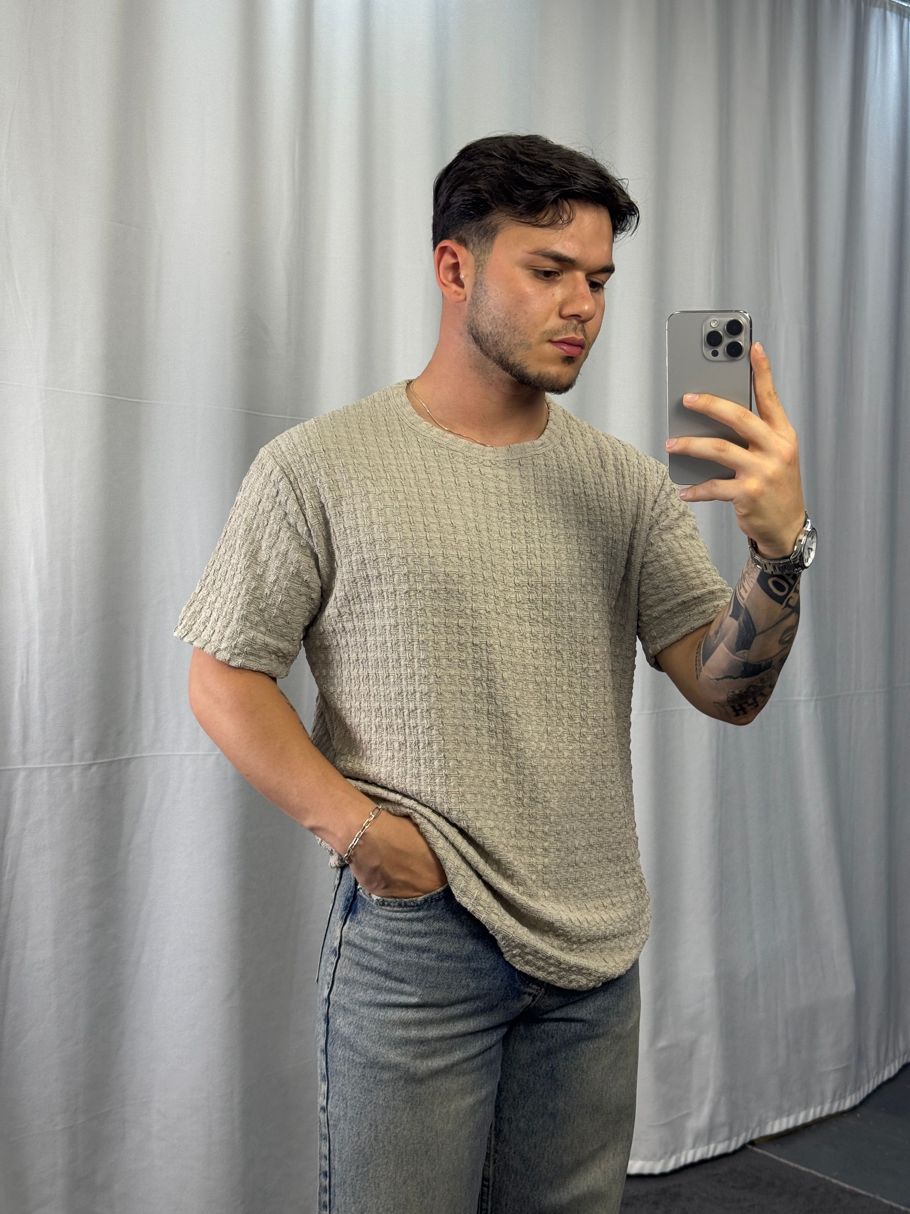 Taş Pamuklu Kare Doku T-Shirt BRV361