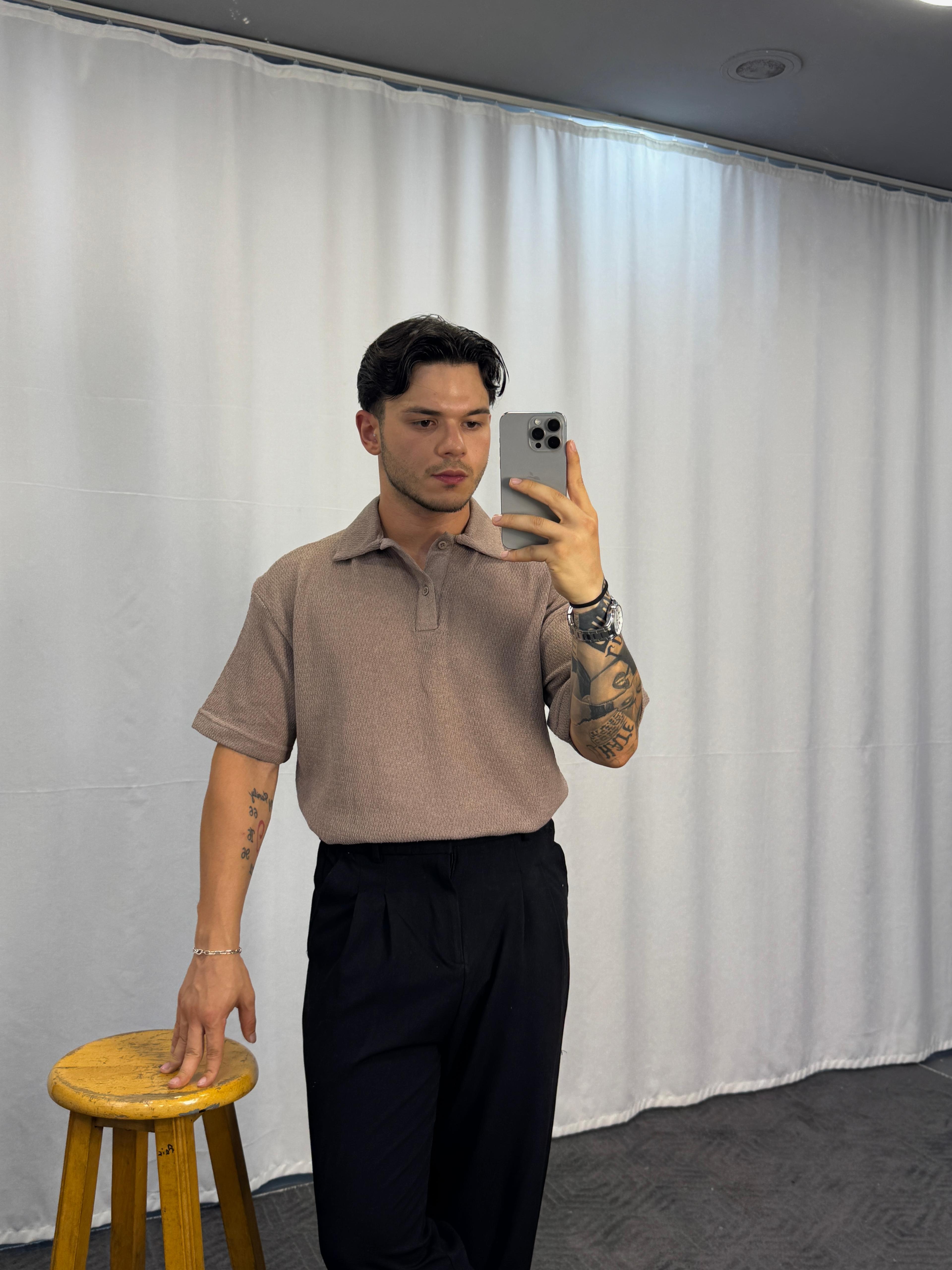 Örgü Oversize Yakalı T-Shirt - kahverengi