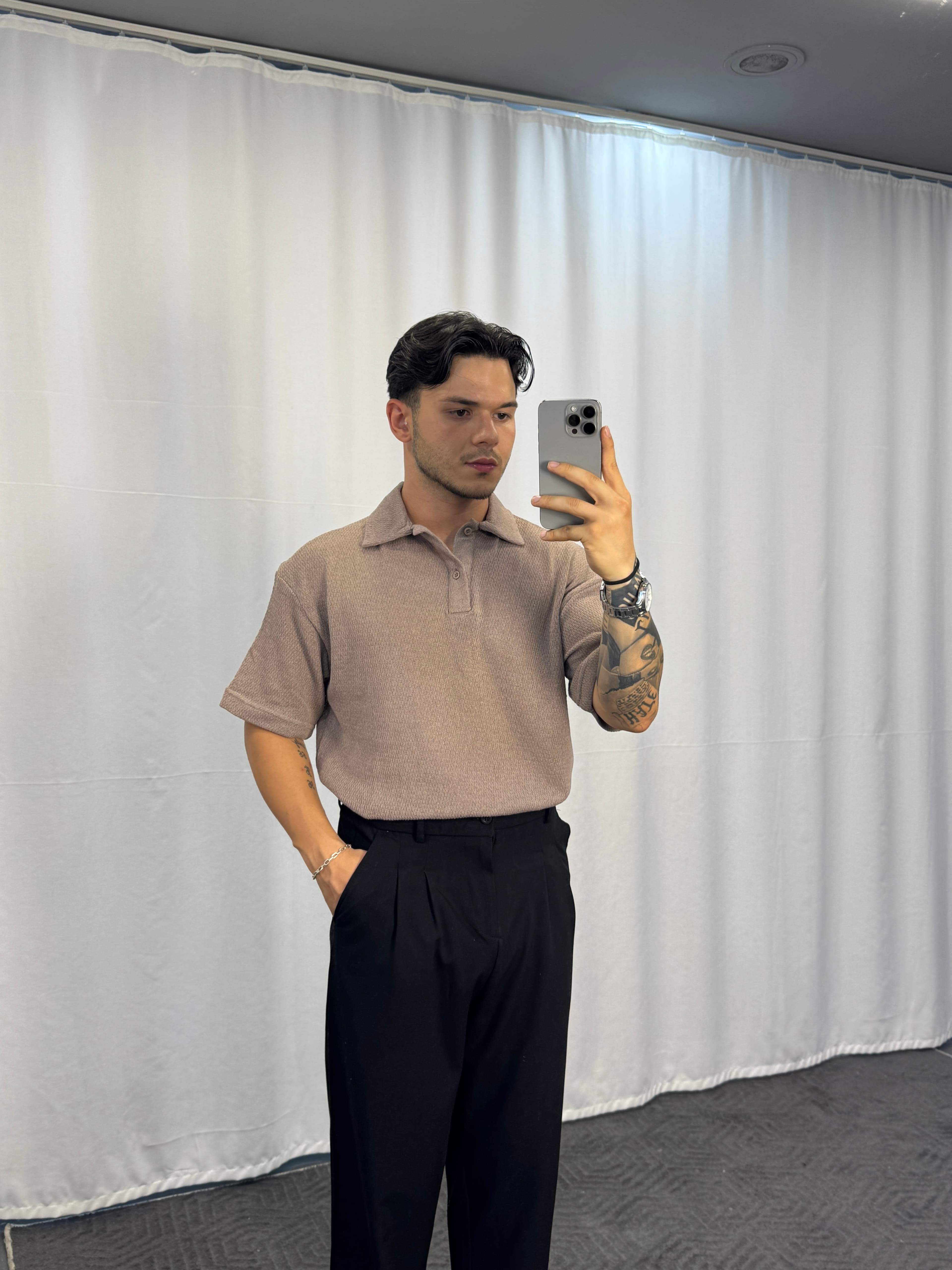 Örgü Oversize Yakalı T-Shirt - kahverengi