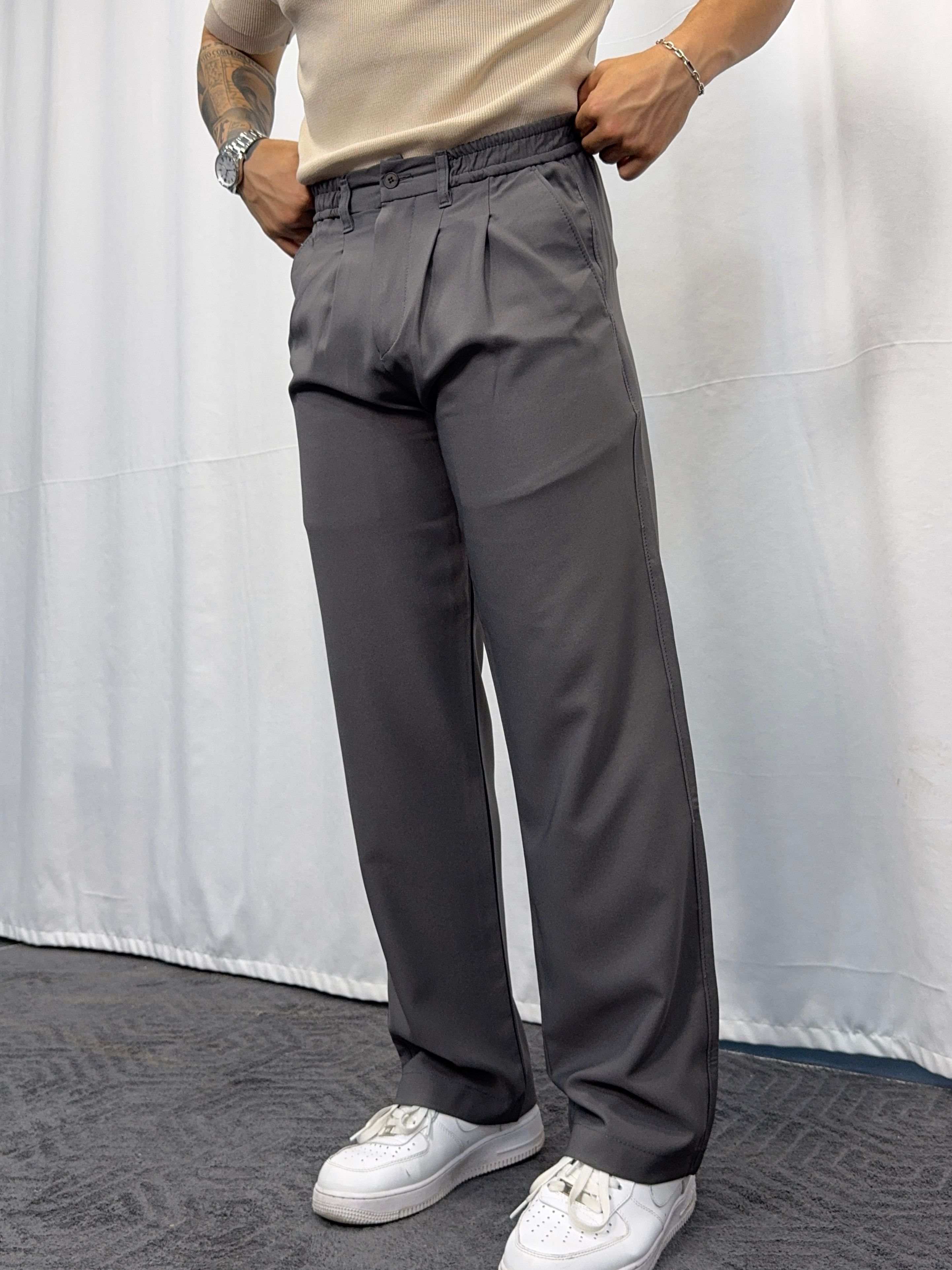 Canvas Pileli Baggy Fit Pantolon - füme