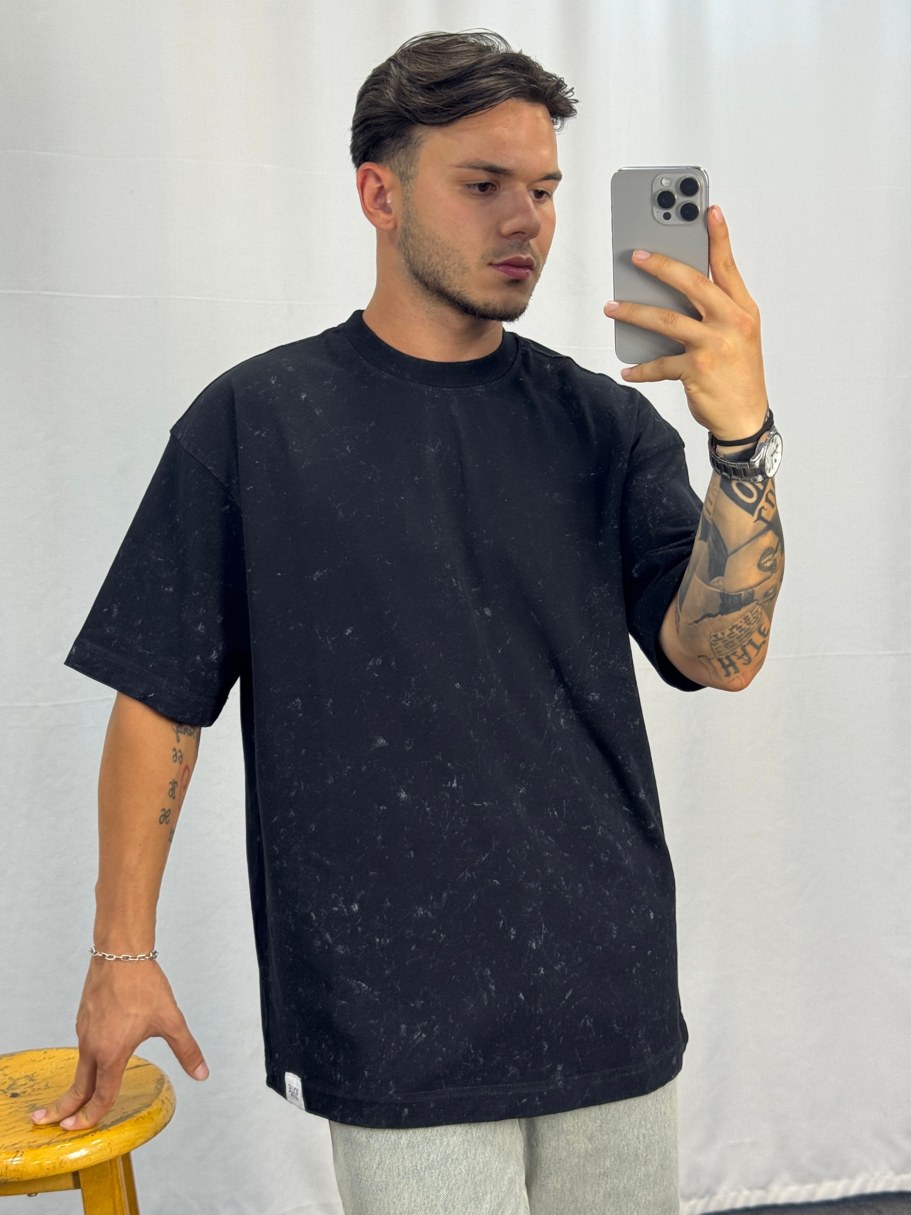 Yıkamalı Double Face Kumaş Oversize T-Shirt - Siyah