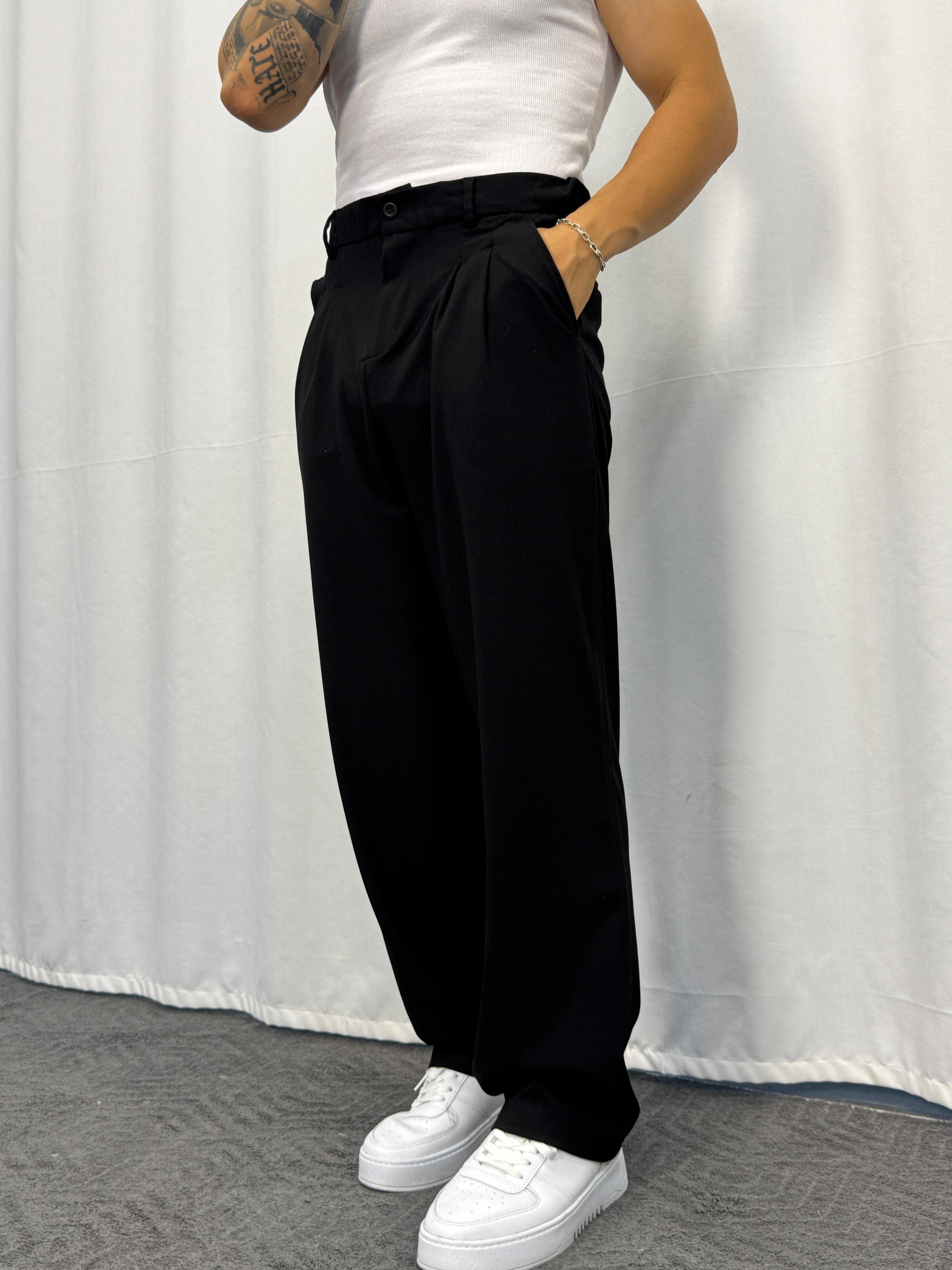 Premium Pileli Baggy Kumaş Pantolon - Siyah