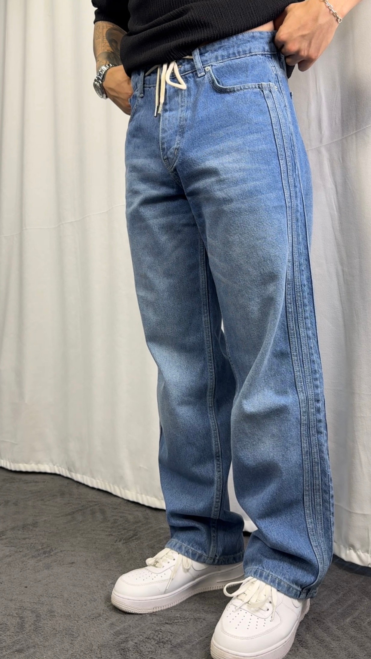 Giesto Baggy Fit İpli Kemer Jean - Mavi