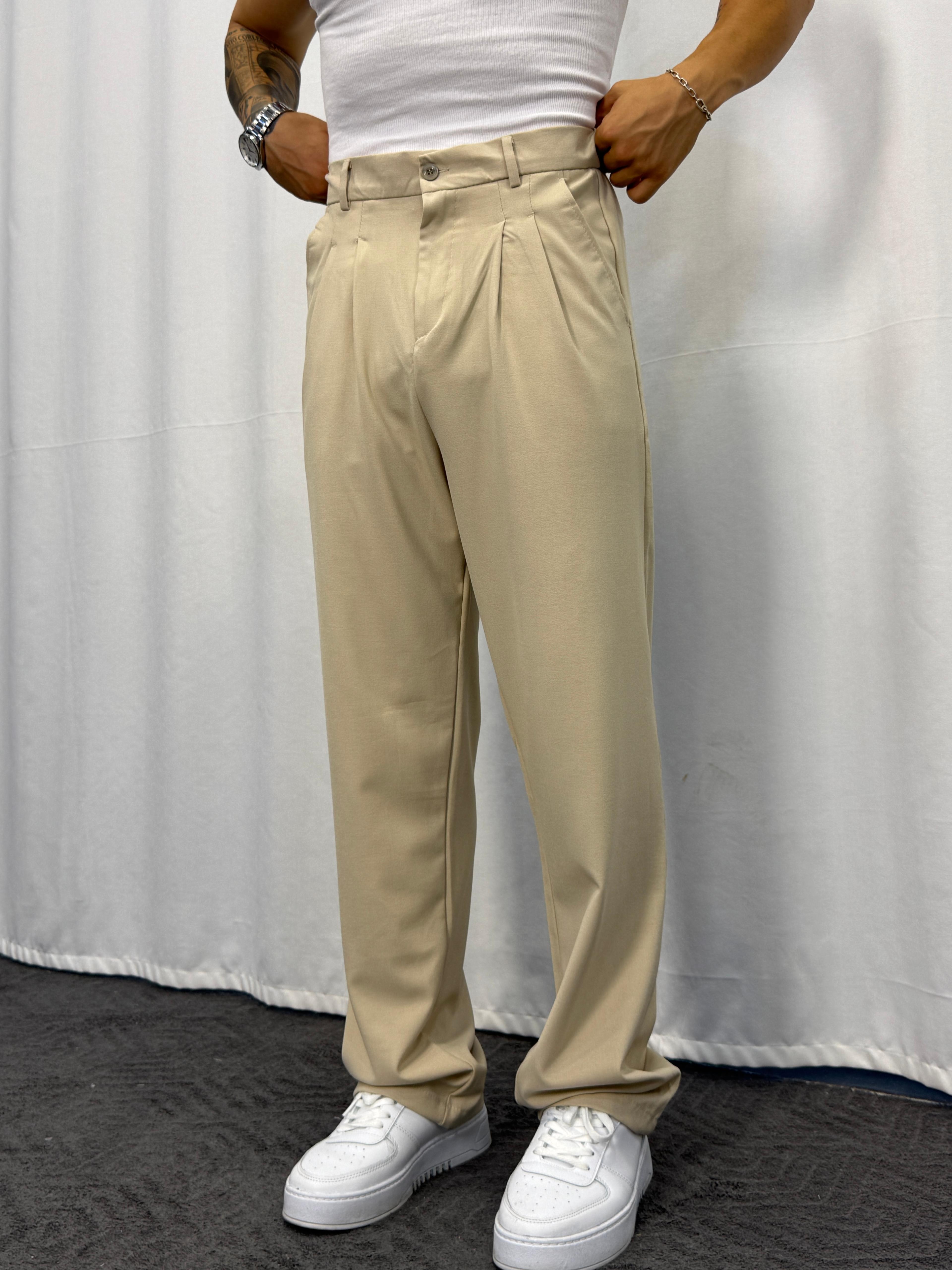 Premium Pileli Baggy Kumaş Pantolon - Krem