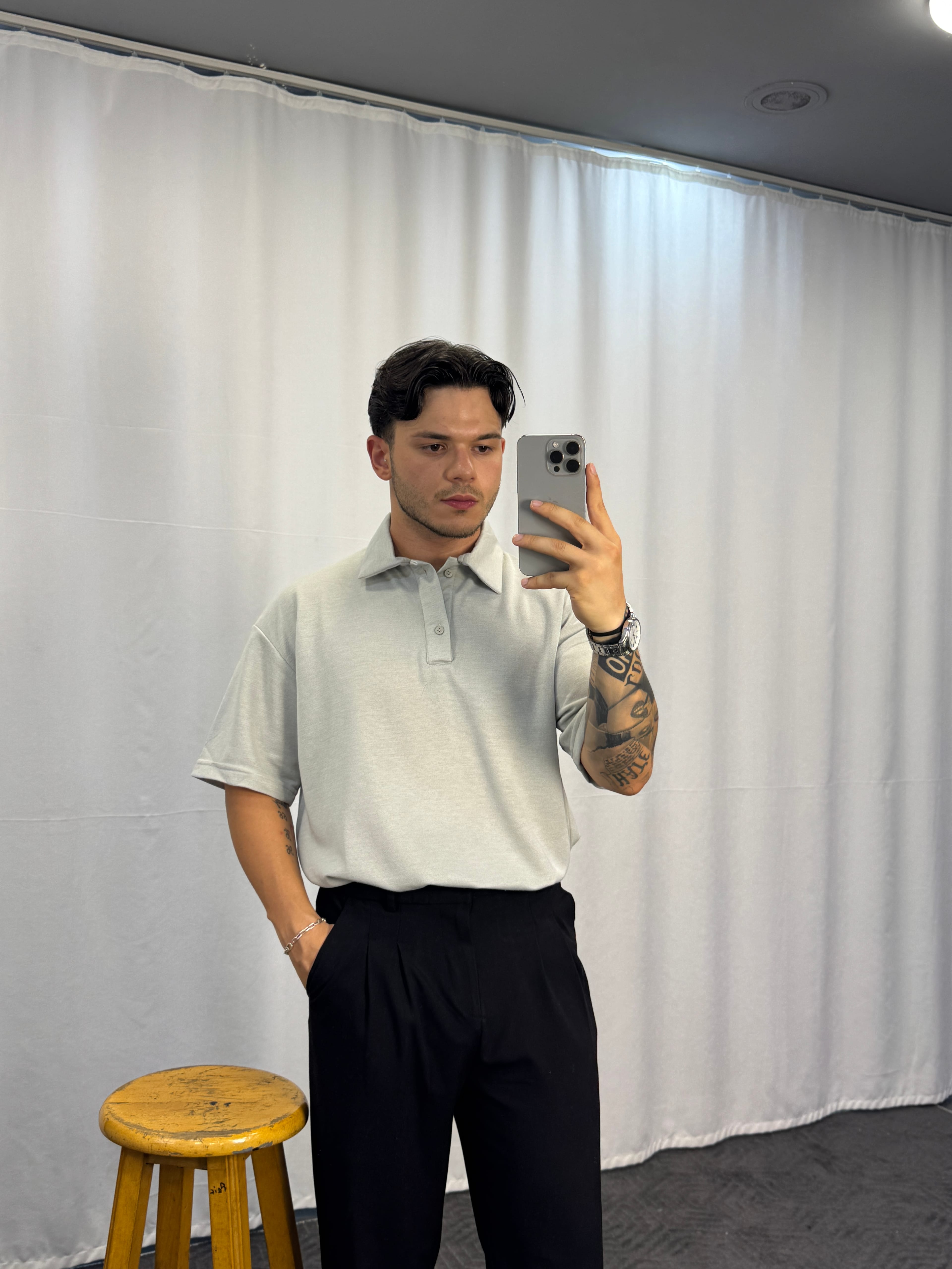 Düğmeli Oversize Polo Yaka - Taş Rengi