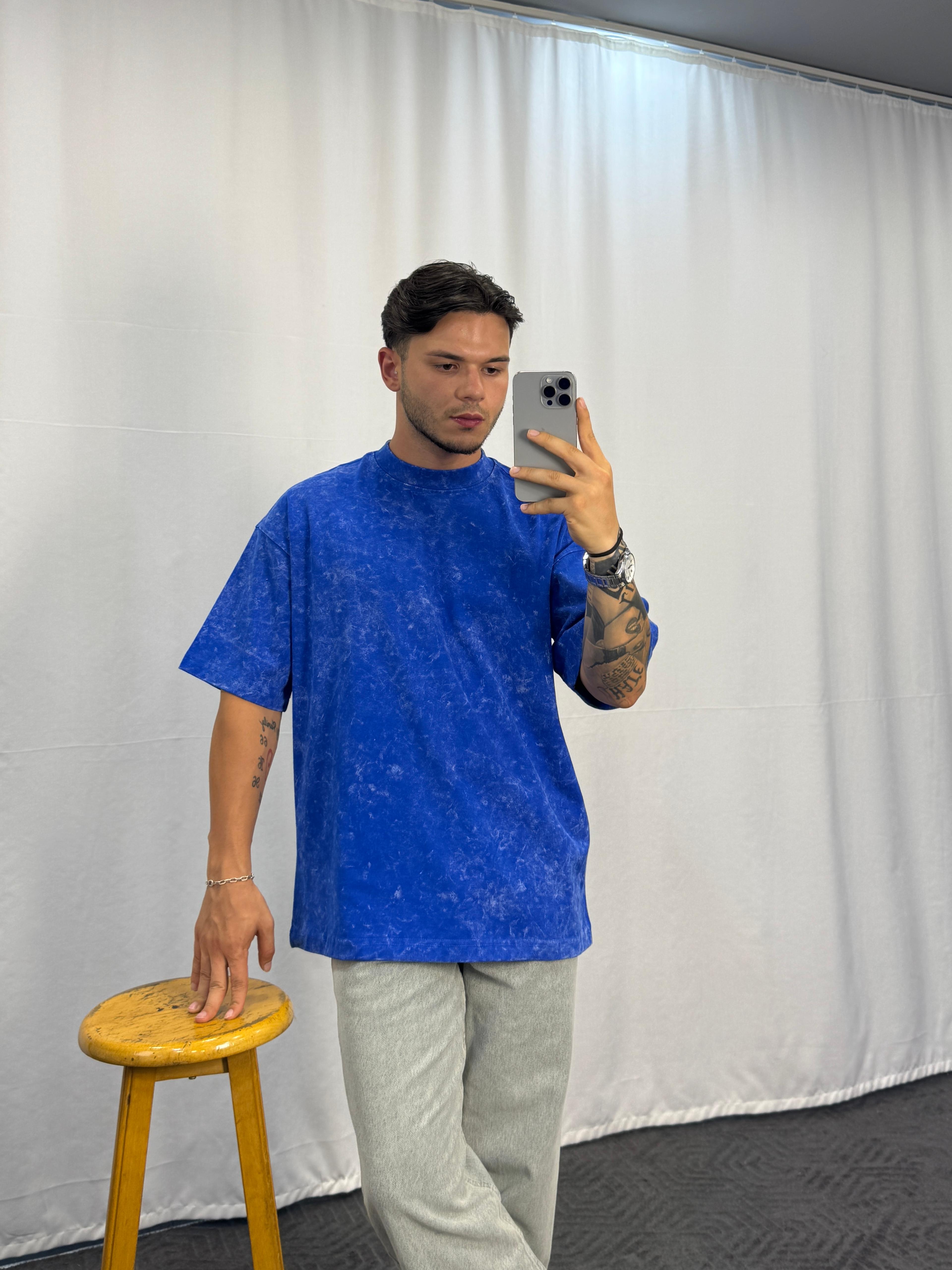 Yıkamalı Double Face Kumaş Oversize T-Shirt - Mavi