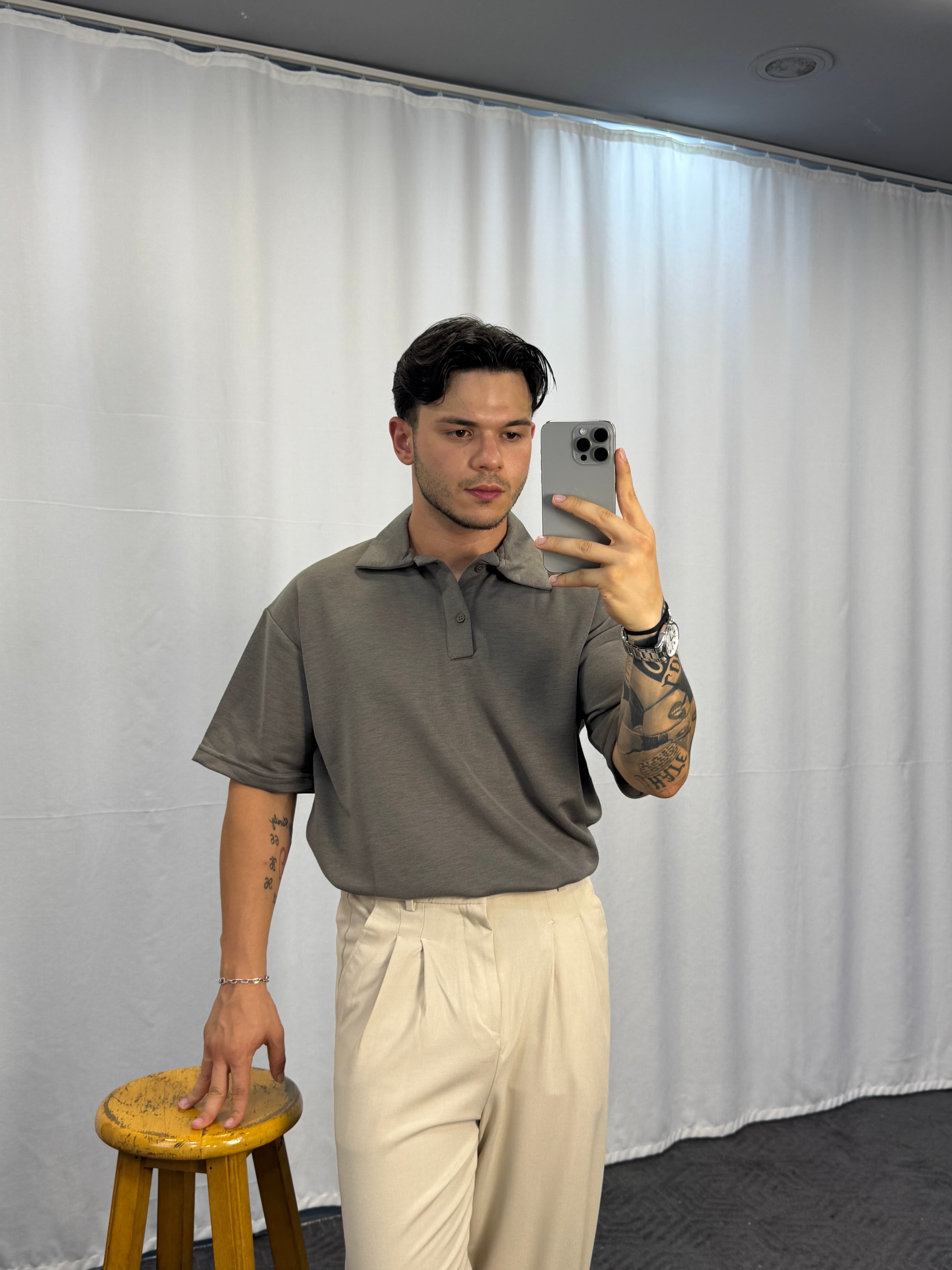 Düğmeli Oversize Polo Yaka - kahverengi