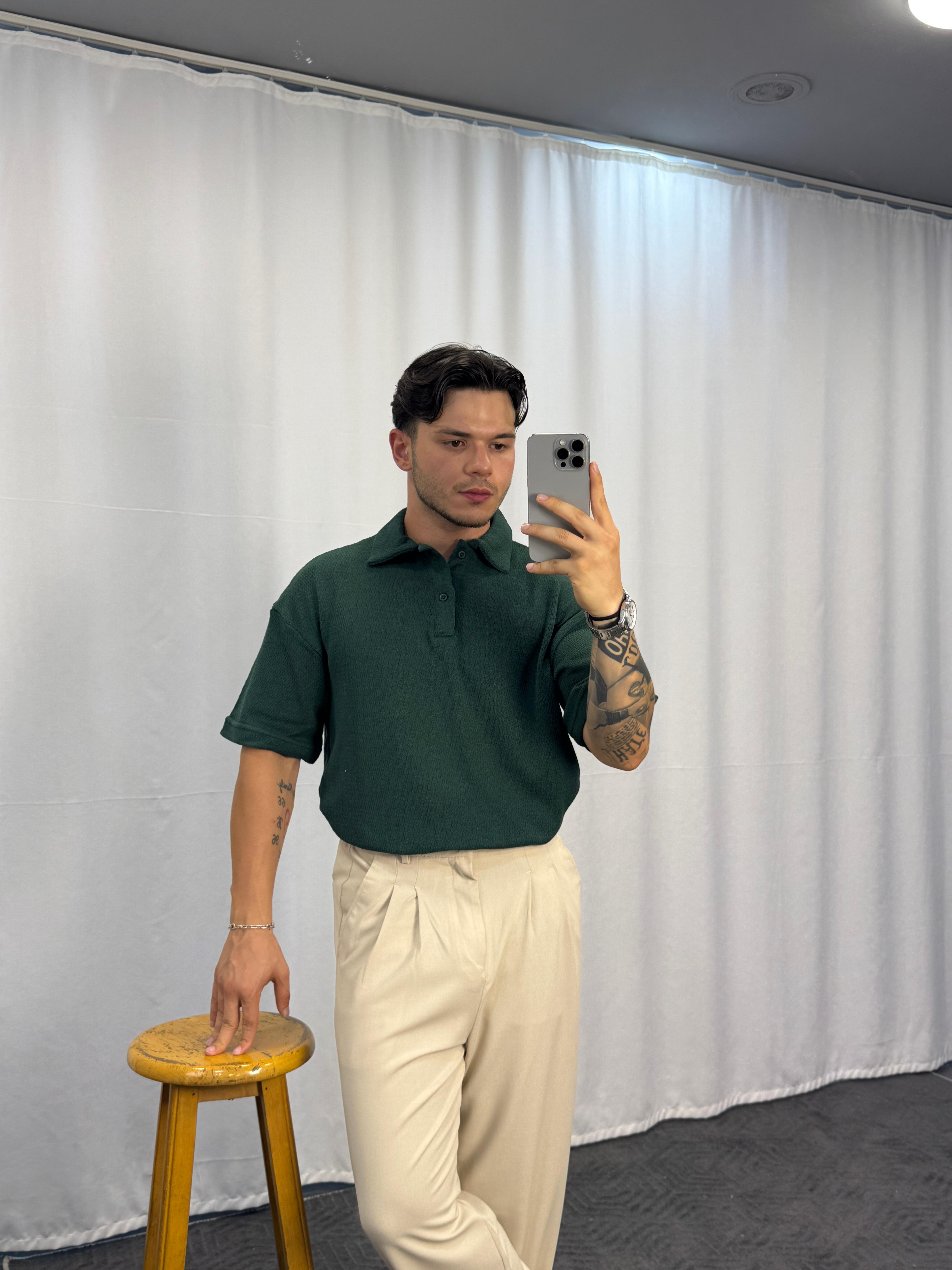 Örgü Oversize Yakalı T-Shirt - Haki