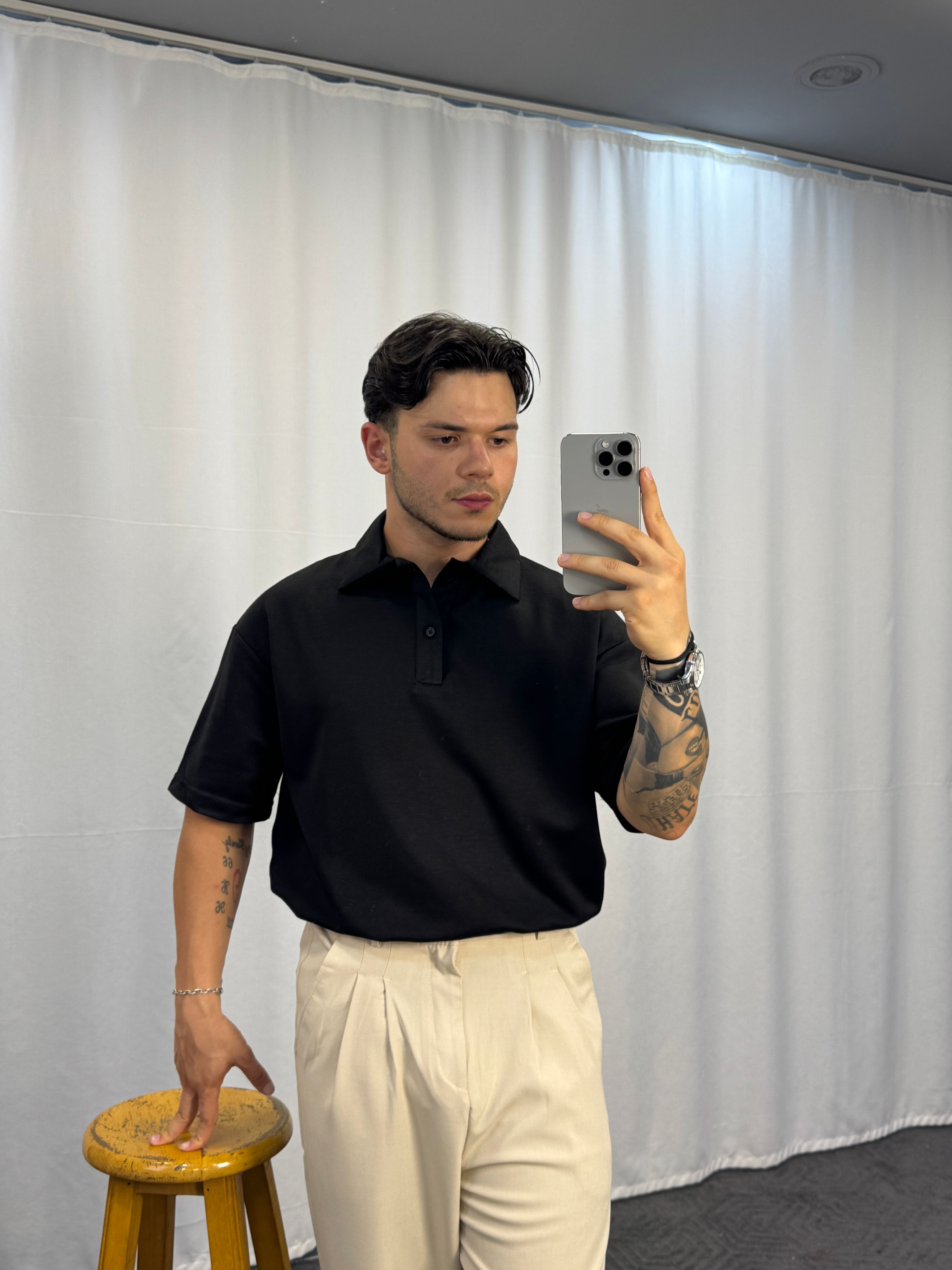 Düğmeli Oversize Polo Yaka - Siyah