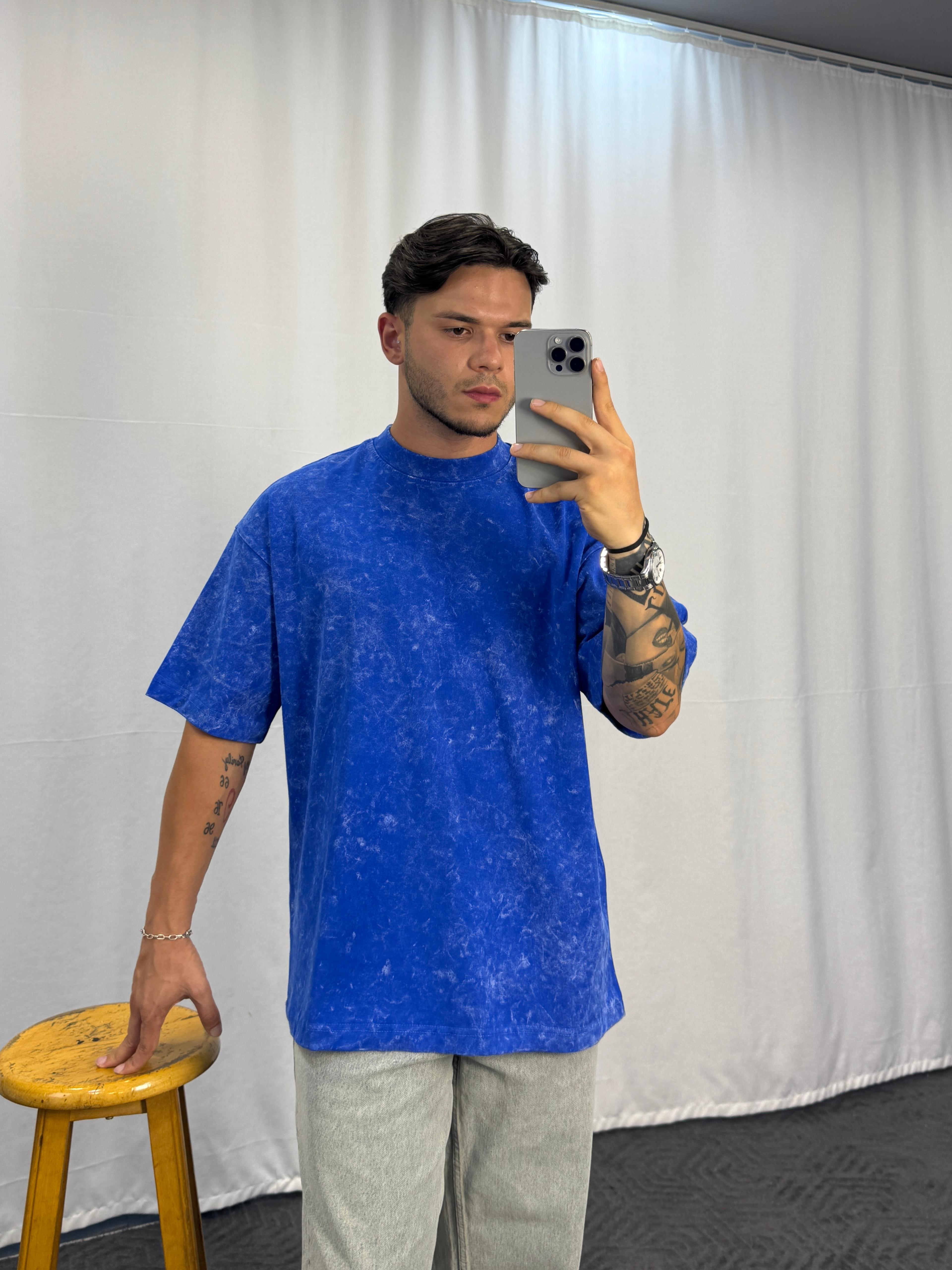 Yıkamalı Double Face Kumaş Oversize T-Shirt - Mavi