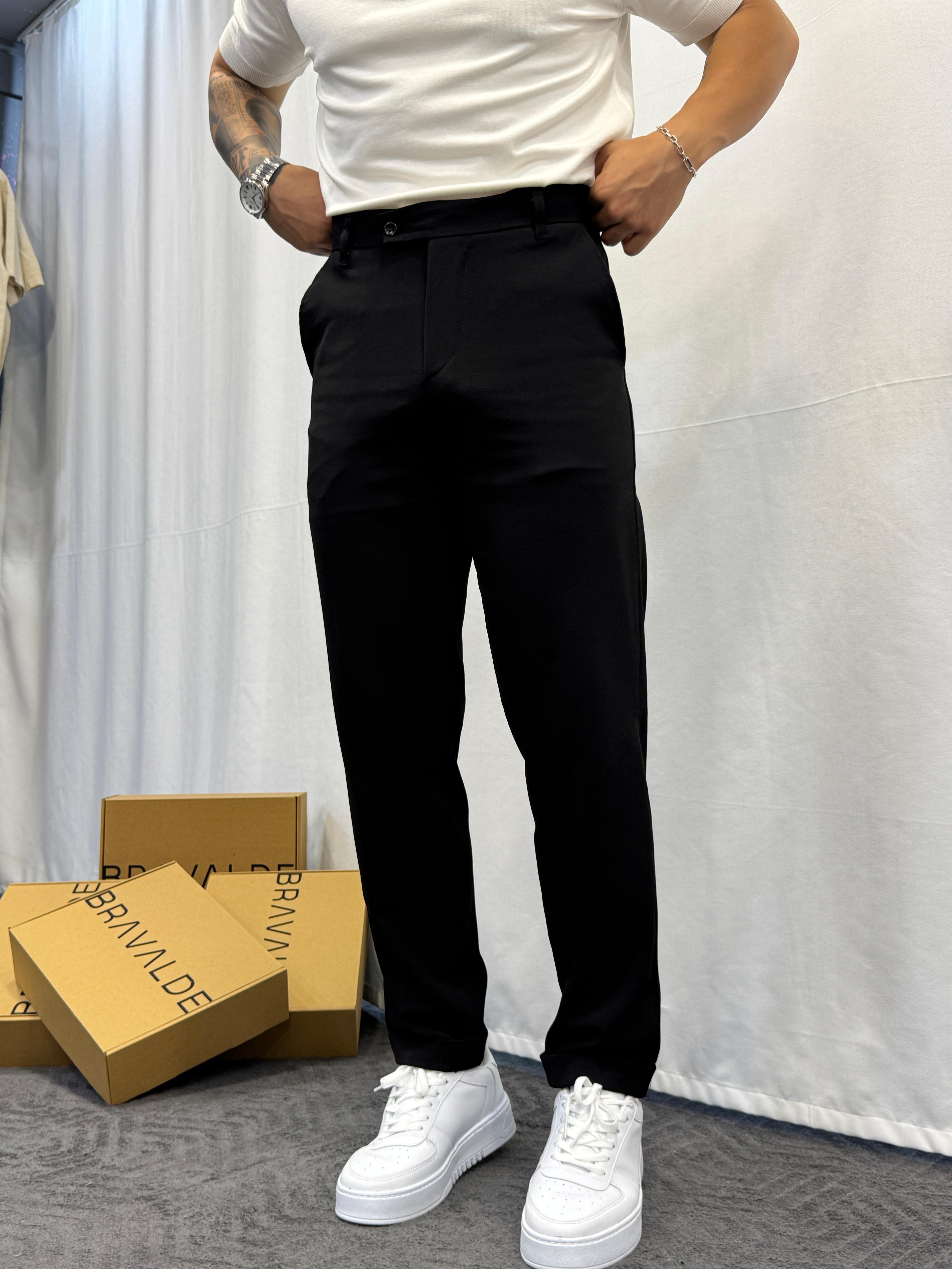 Siyah Duble Paça Regular Kumaş Pantolon 