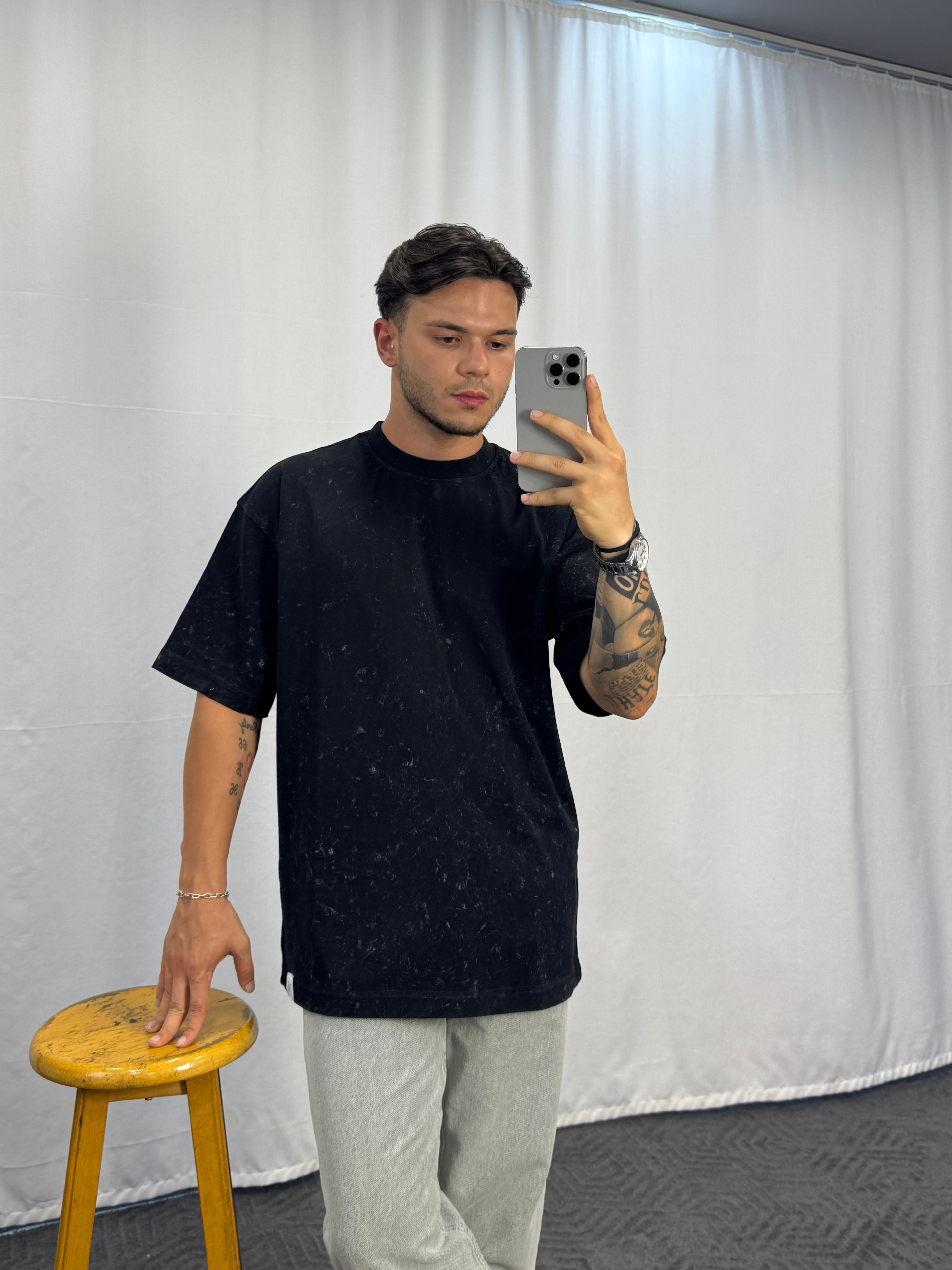 Yıkamalı Double Face Kumaş Oversize T-Shirt - Siyah
