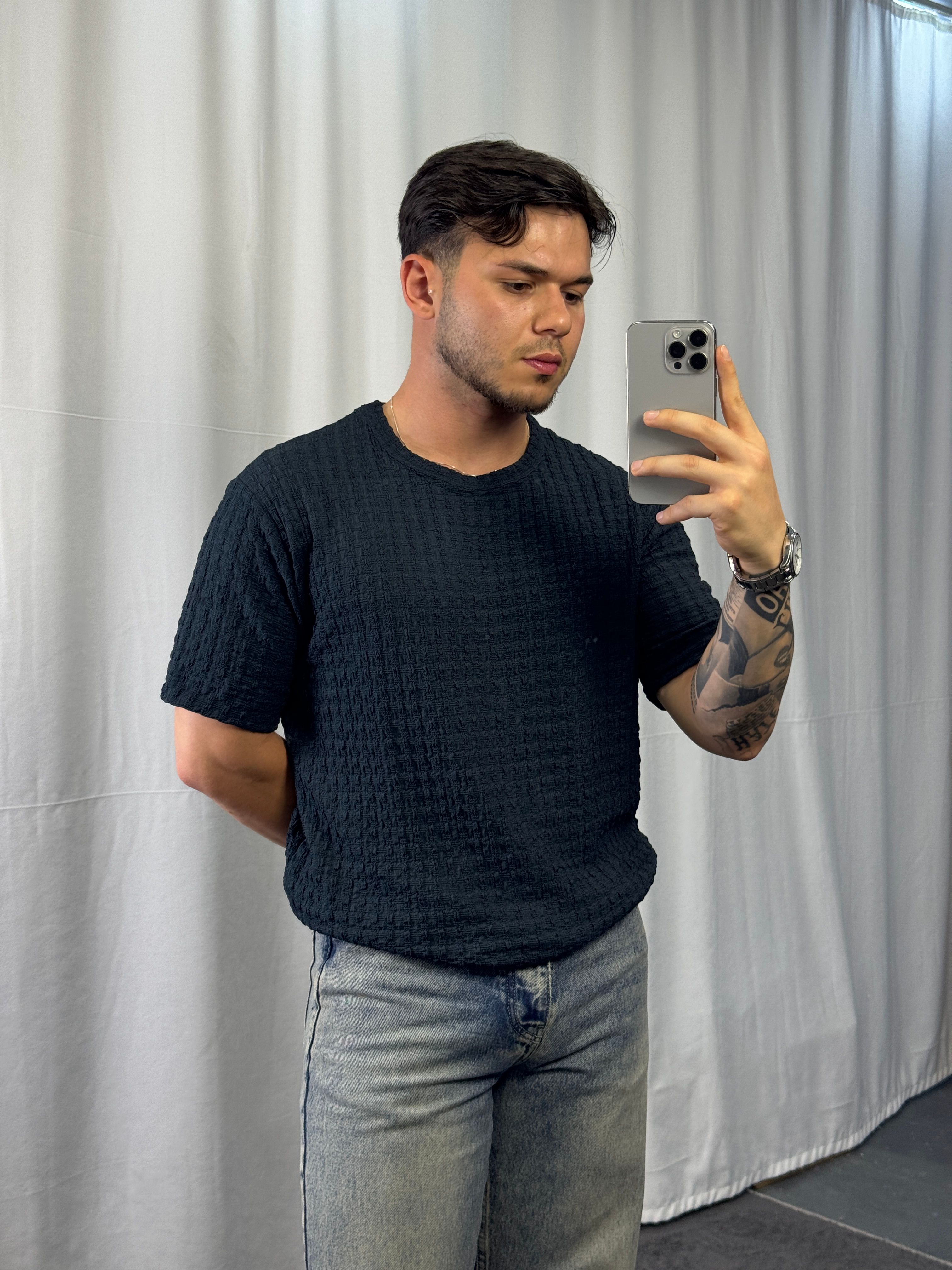 Petrol Pamuklu Kare Doku T-Shirt BRV360
