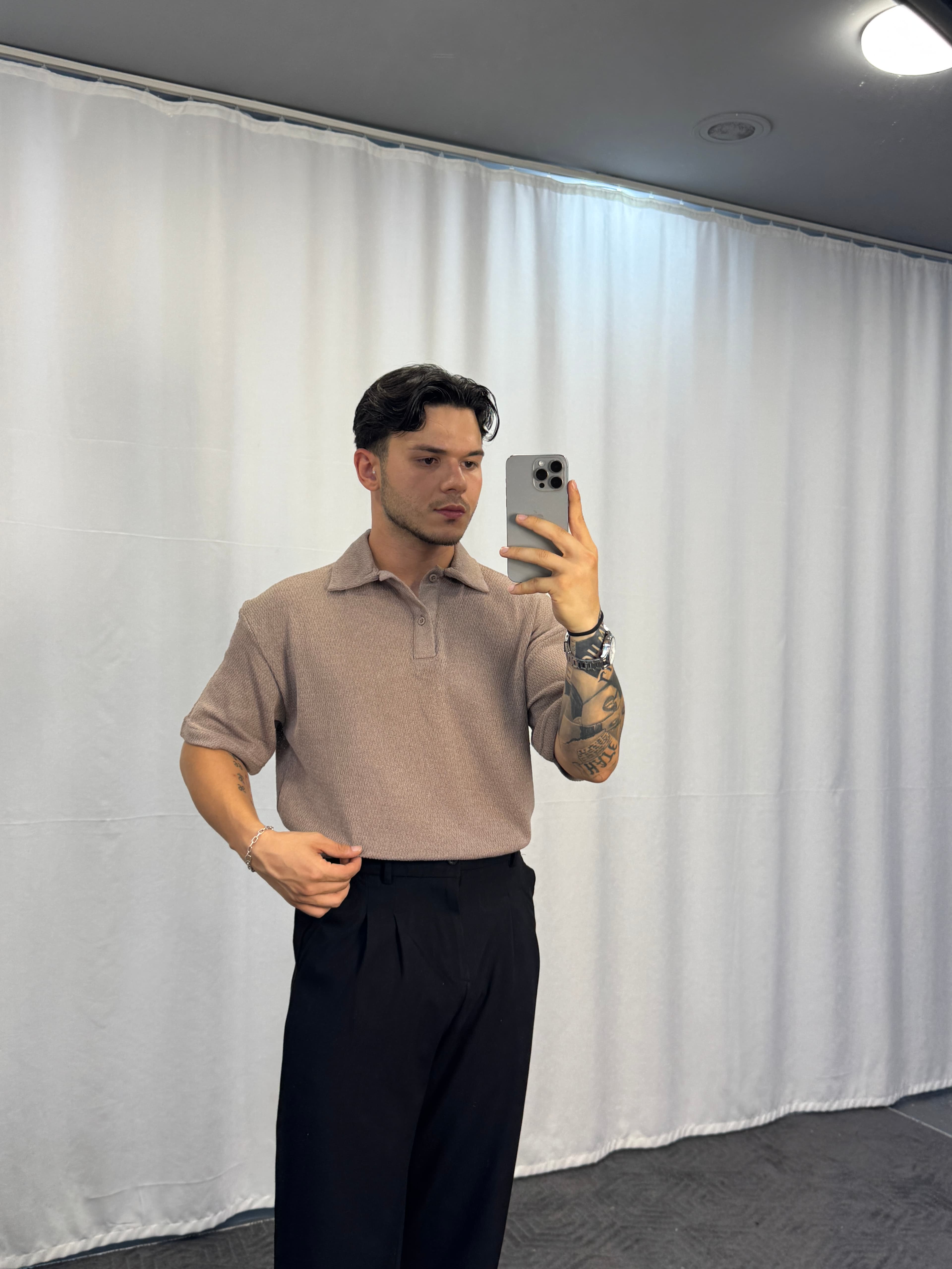 Örgü Oversize Yakalı T-Shirt - kahverengi