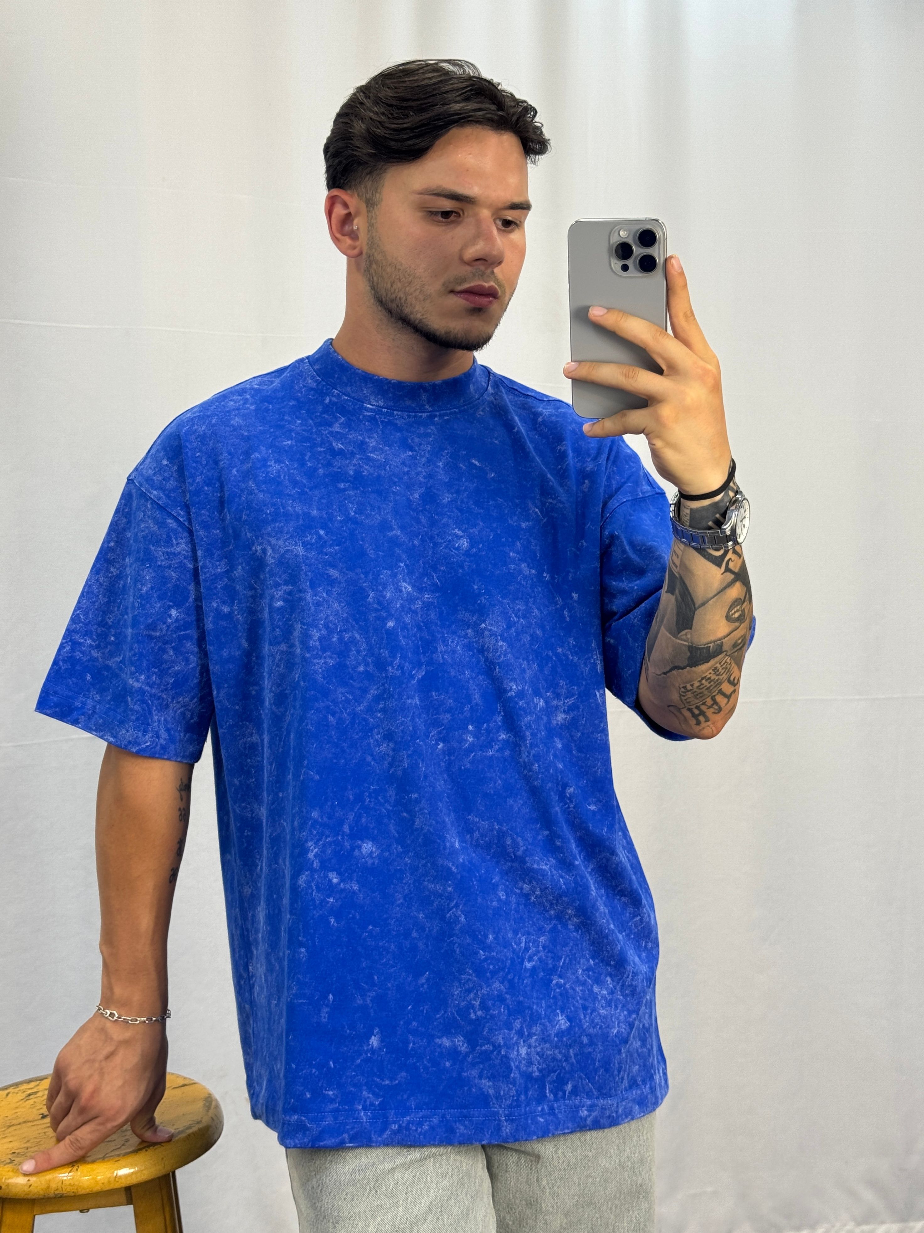 Yıkamalı Double Face Kumaş Oversize T-Shirt - Mavi