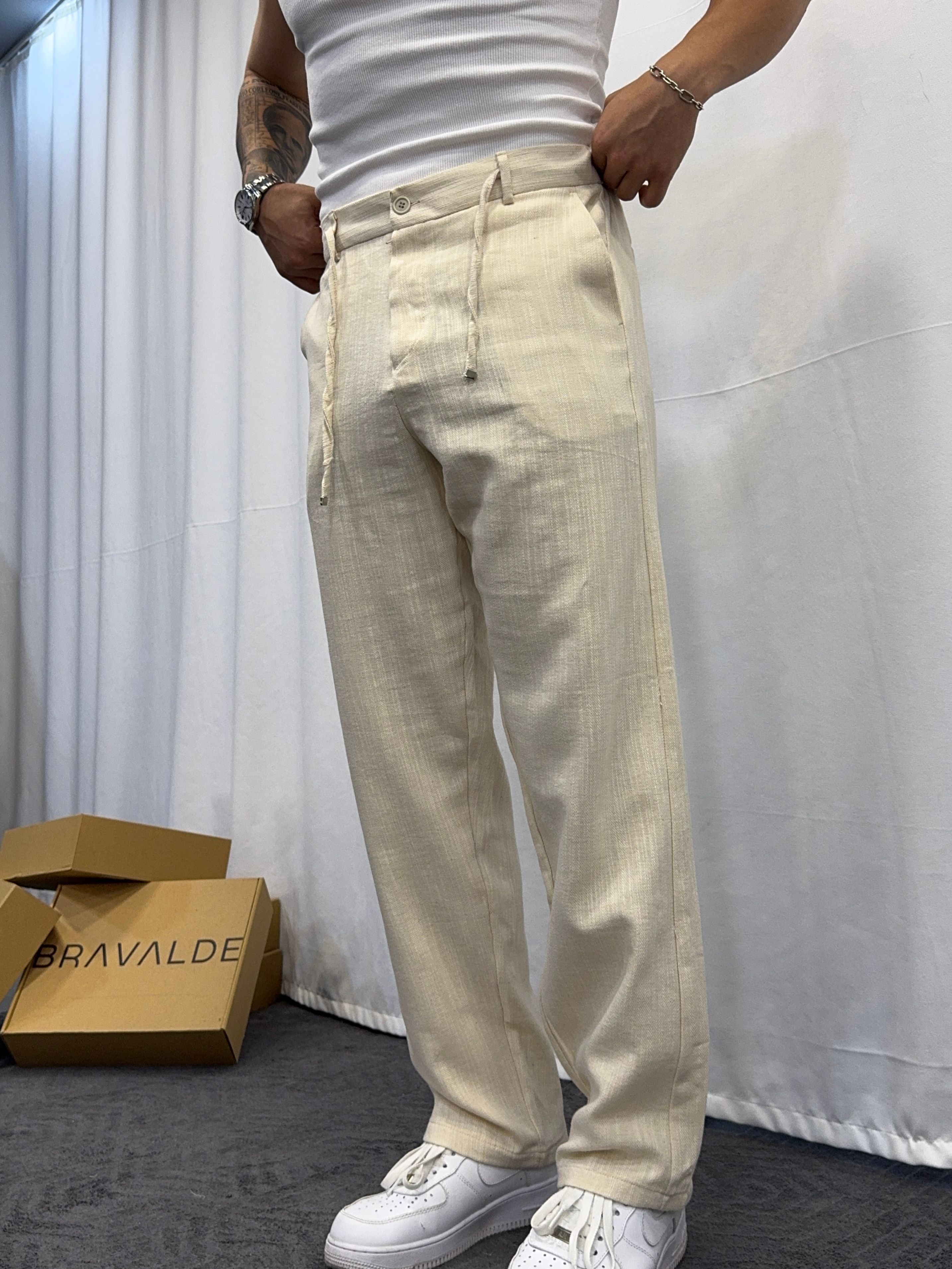İpli Keten Baggy Pantolon - Açık Krem