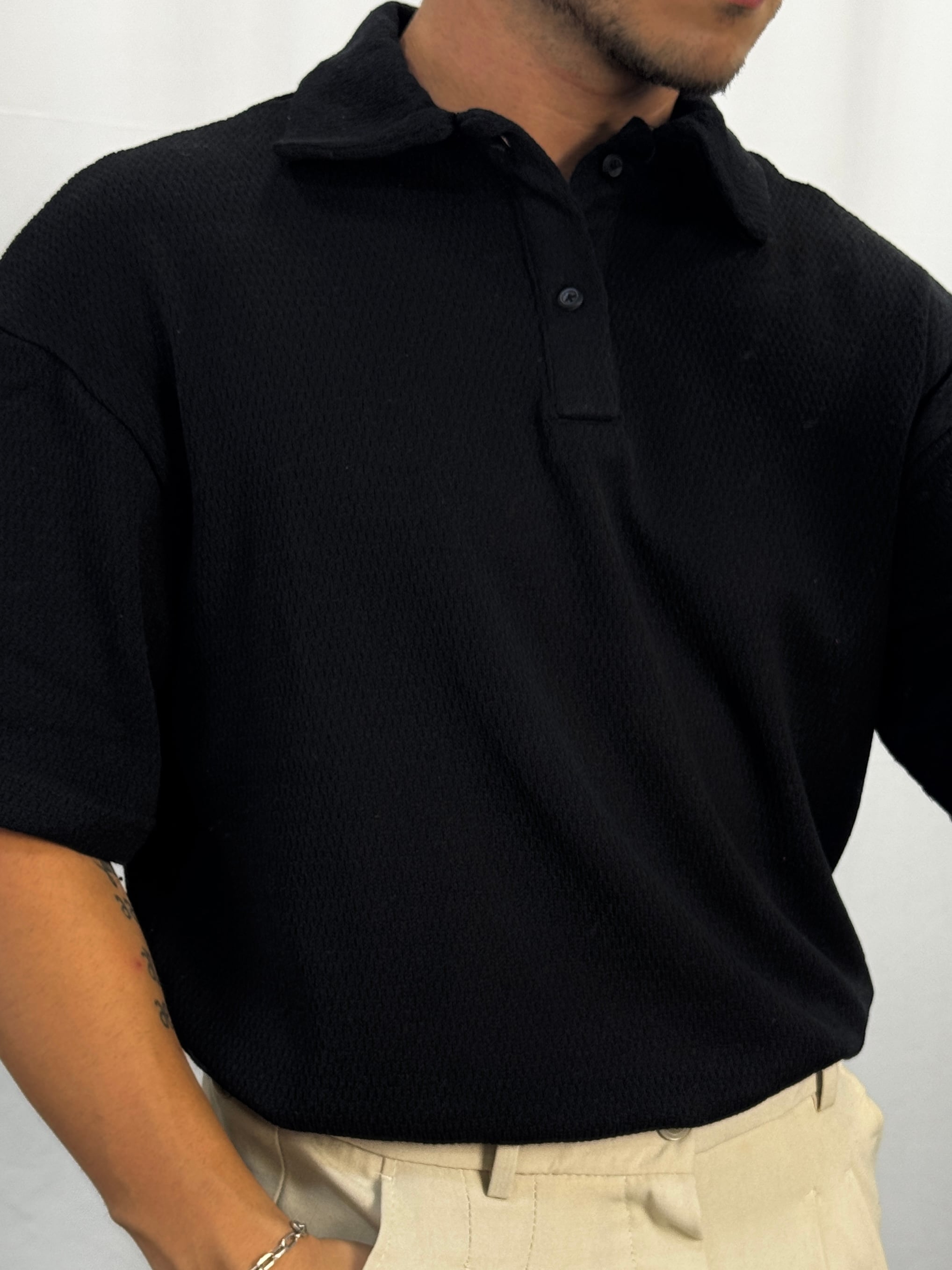 Örgü Oversize Yakalı T-Shirt - Siyah