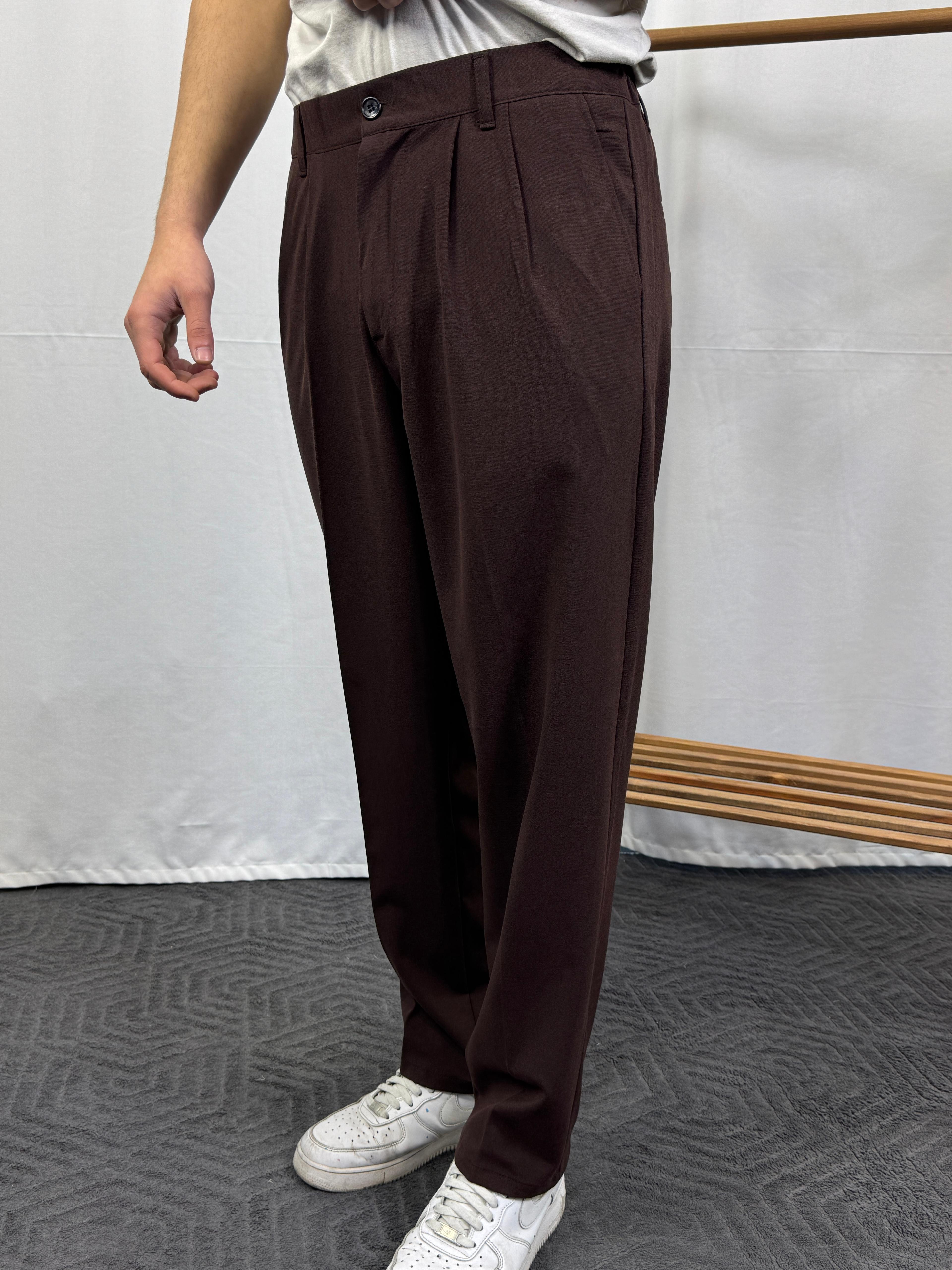 Kahverengi Pileli Baggy Kumaş Pantolon BRV176