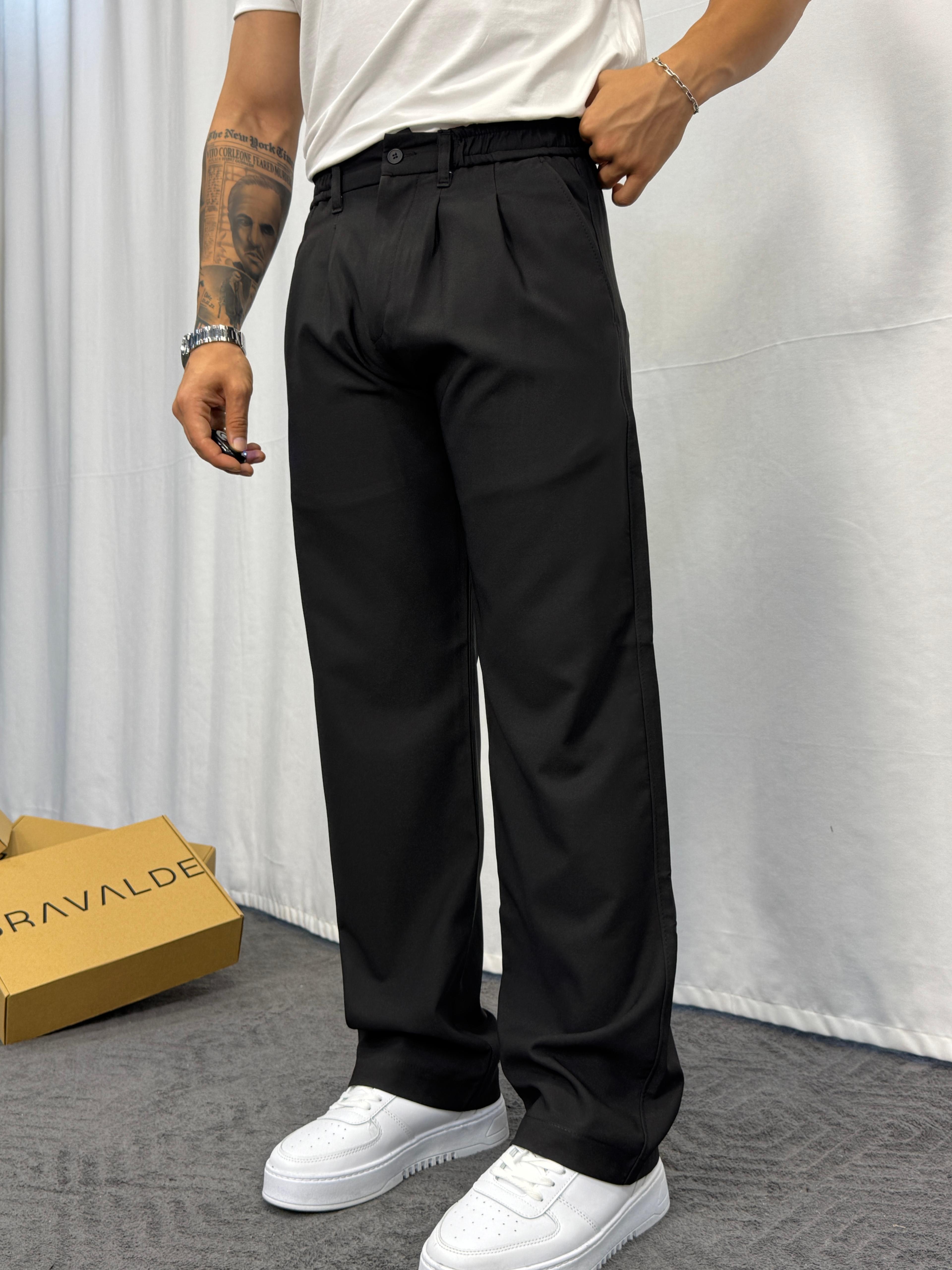 Canvas Pileli Baggy Fit Pantolon - Siyah