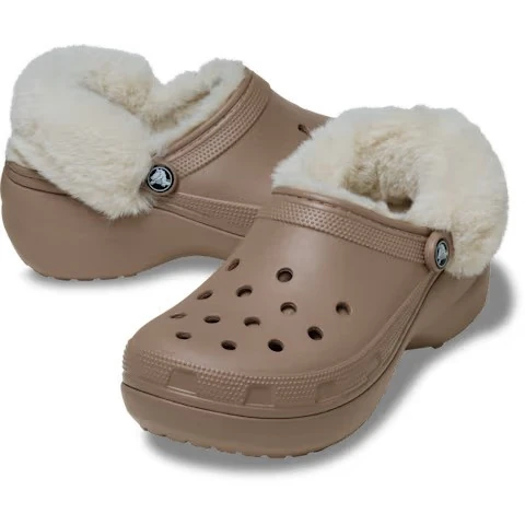 CROCS CLASSIC PLATFORM FUZZ LINED CLOG - LATTE