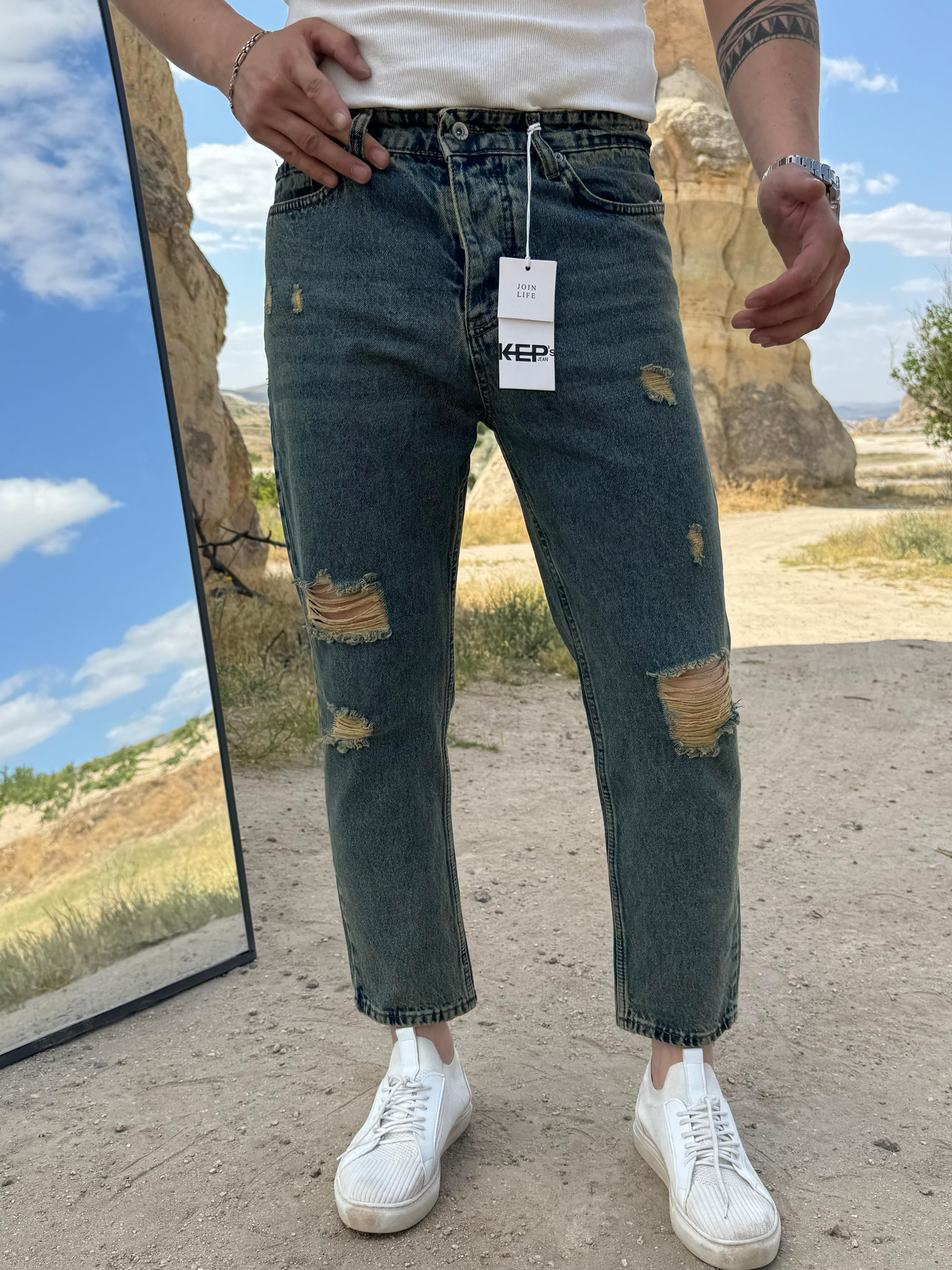 KEP YIRTMAÇLI BOYFRİEND KOT PANTOLON CV 8238